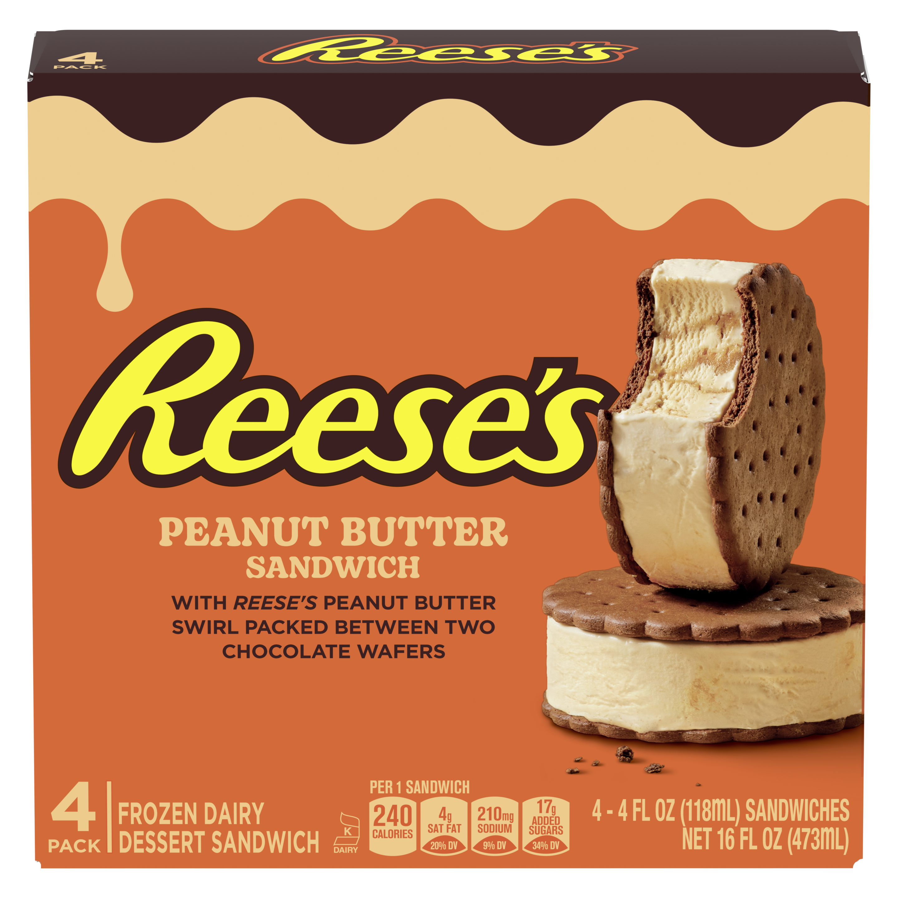 REESE'S Peanut Butter ice cream sandwich with chocolate wafers packshot