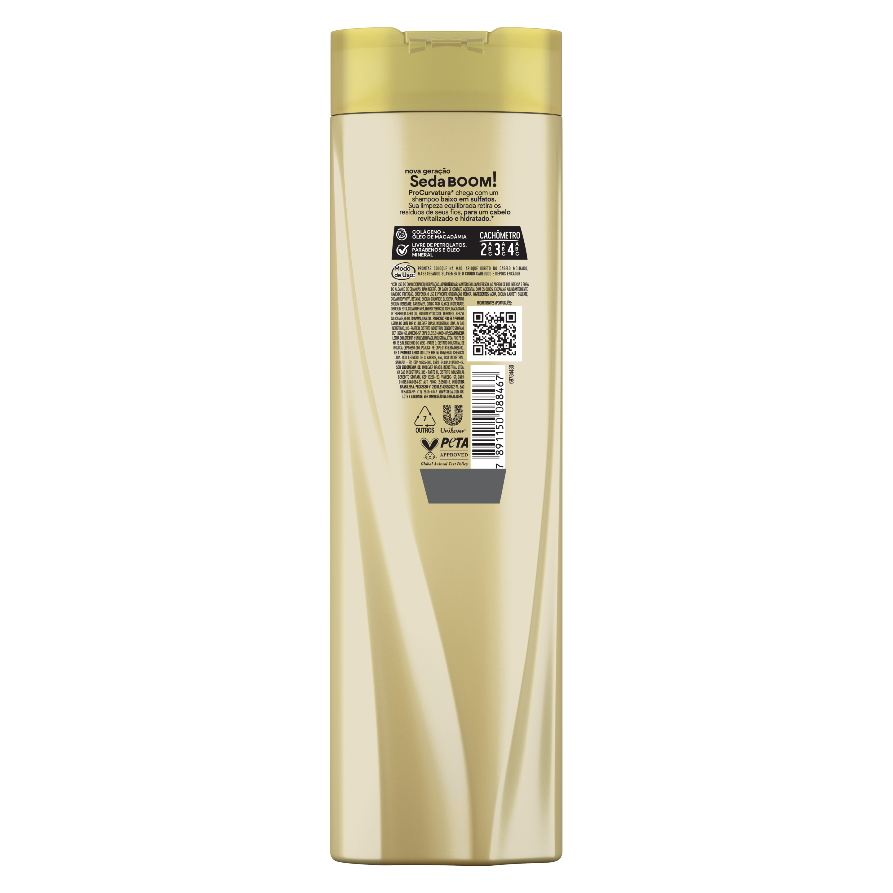 Uma imagem traseira da embalagem de Shampoo Seda Boom Hidratação Pro-Curvatura 300ml