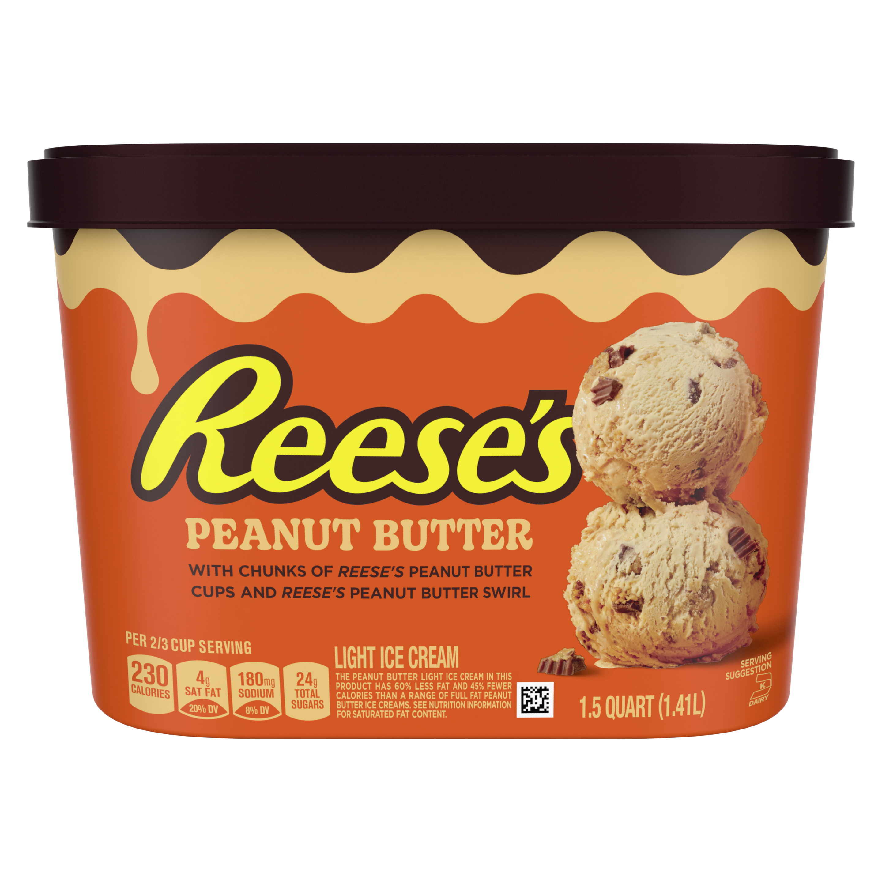 REESE'S 48 oz Peanut Butter light ice cream tub with visible mix-ins packshot