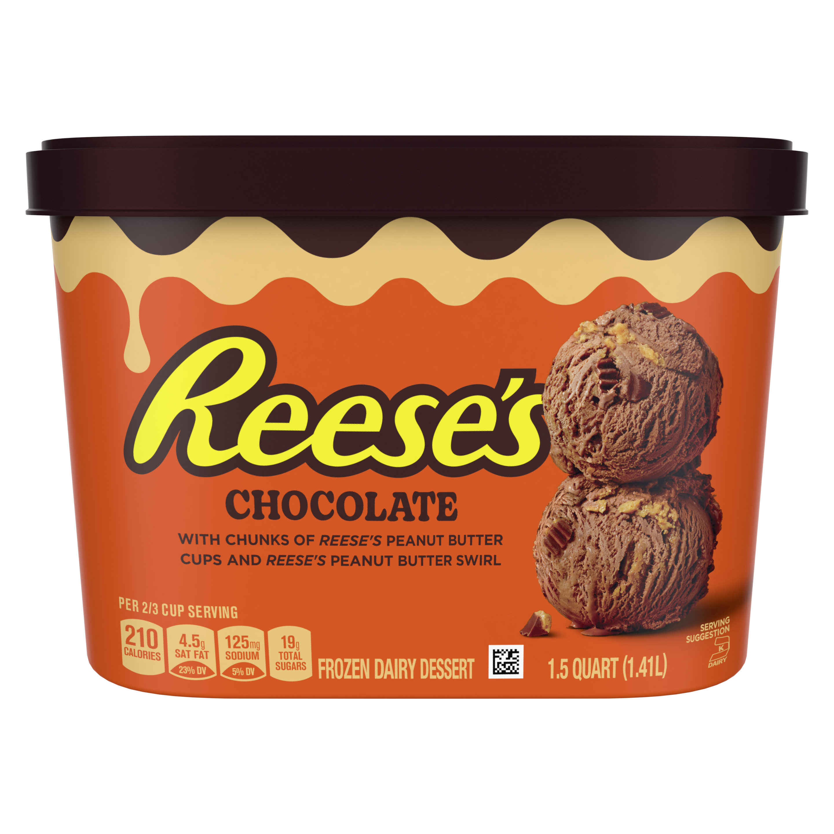 Tub of REESE’S Chocolate frozen dairy dessert with REESE’S Peanut Butter Cup chunks and REESE’S Peanut Butter swirls packshot