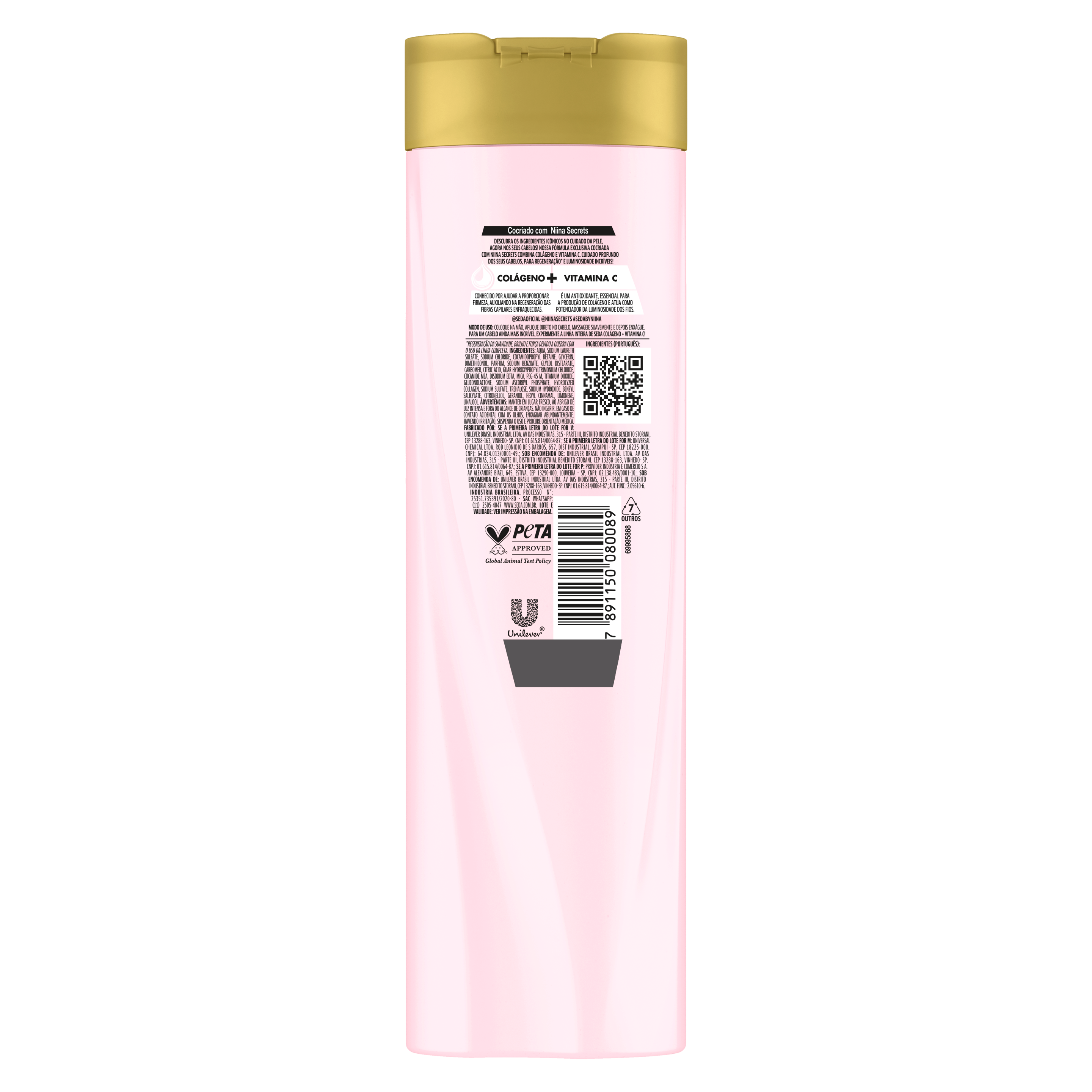 Uma imagem traseira da embalagem de Shampoo Seda By Niina Secrets Colágeno e Vitamina C 325ml