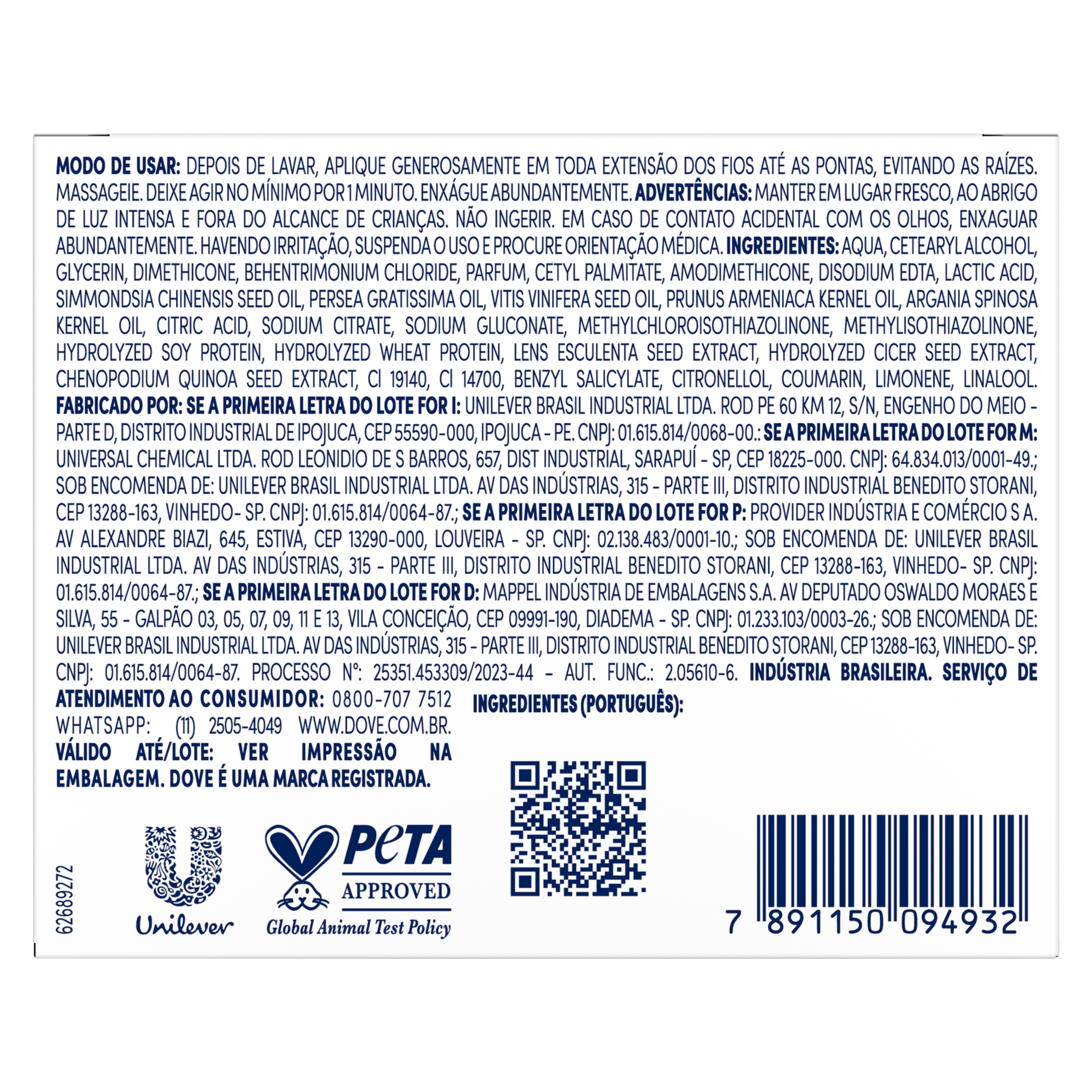 Máscara de Tratamento Dove 10 em 1 Brilho + Óleo Micelar 270g