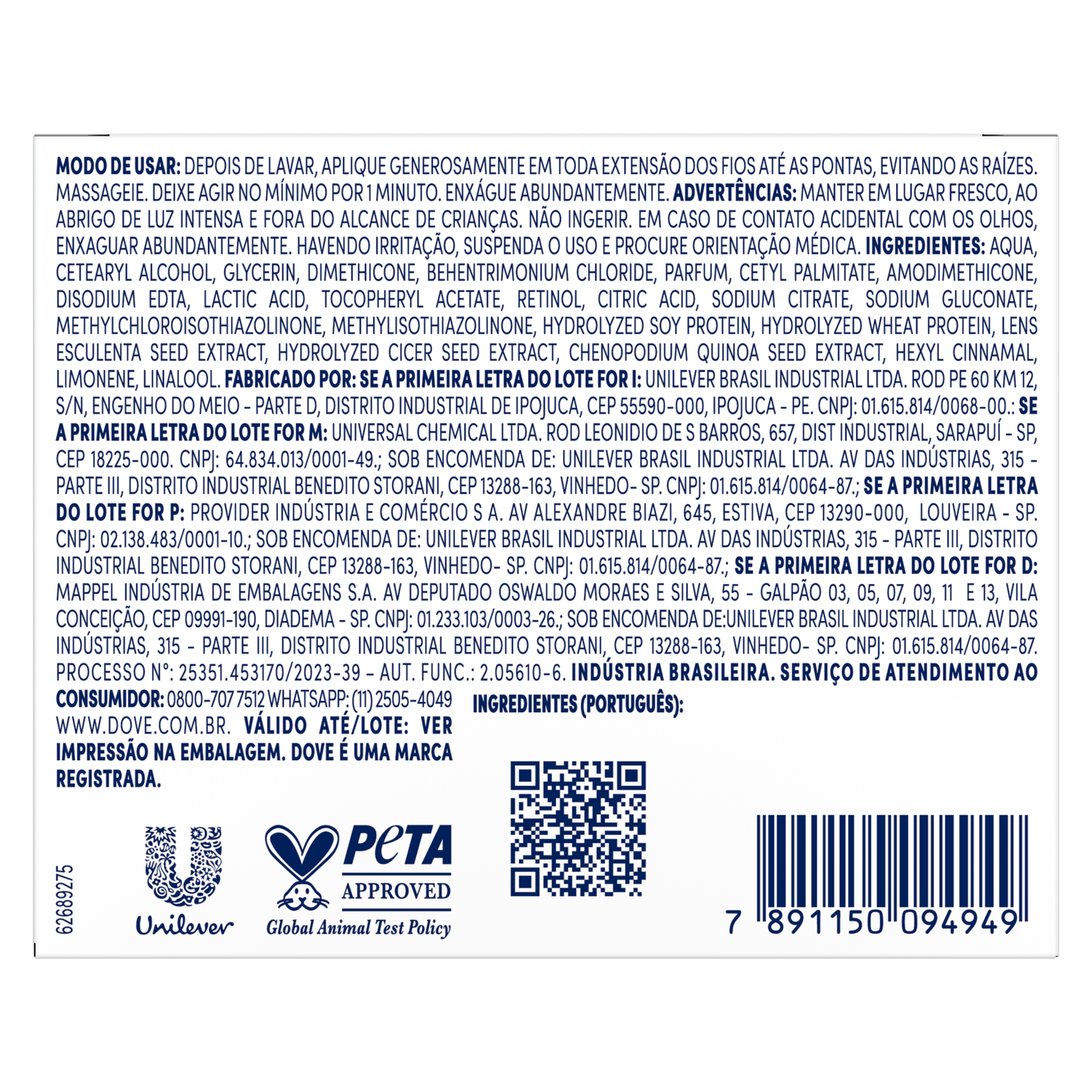 Máscara de Tratamento Dove 10 em 1 Hidratação + Vitaminas A & E 270g