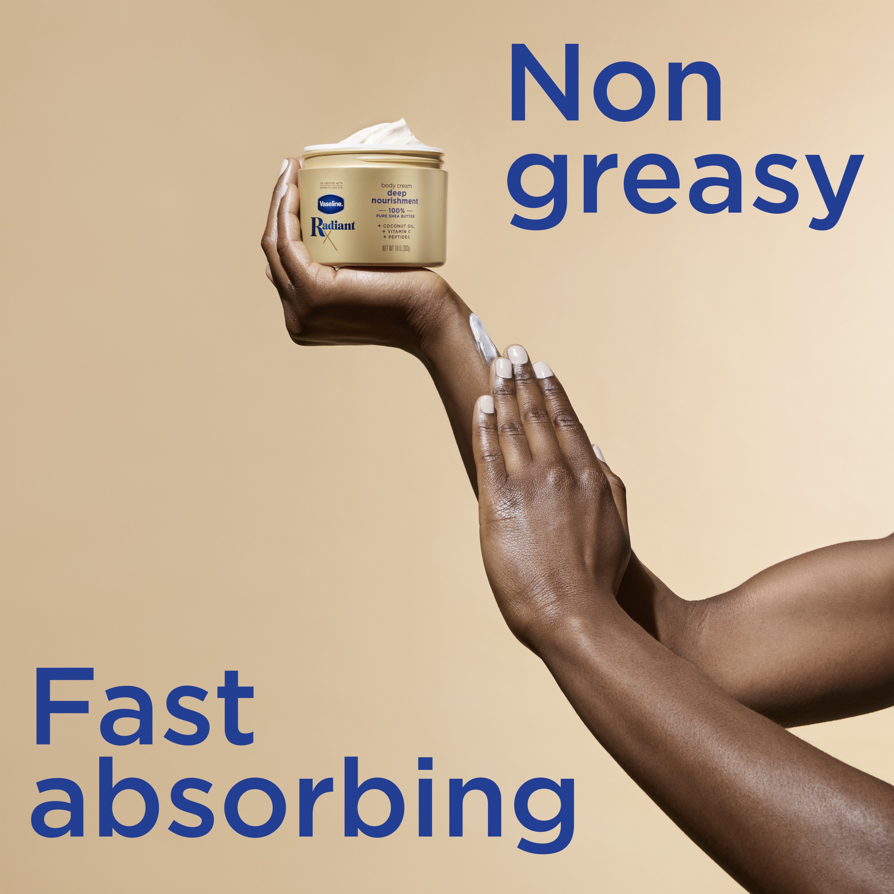 Woman applying Vaseline® Radiant X Deep Nourishment Body Cream on her arms