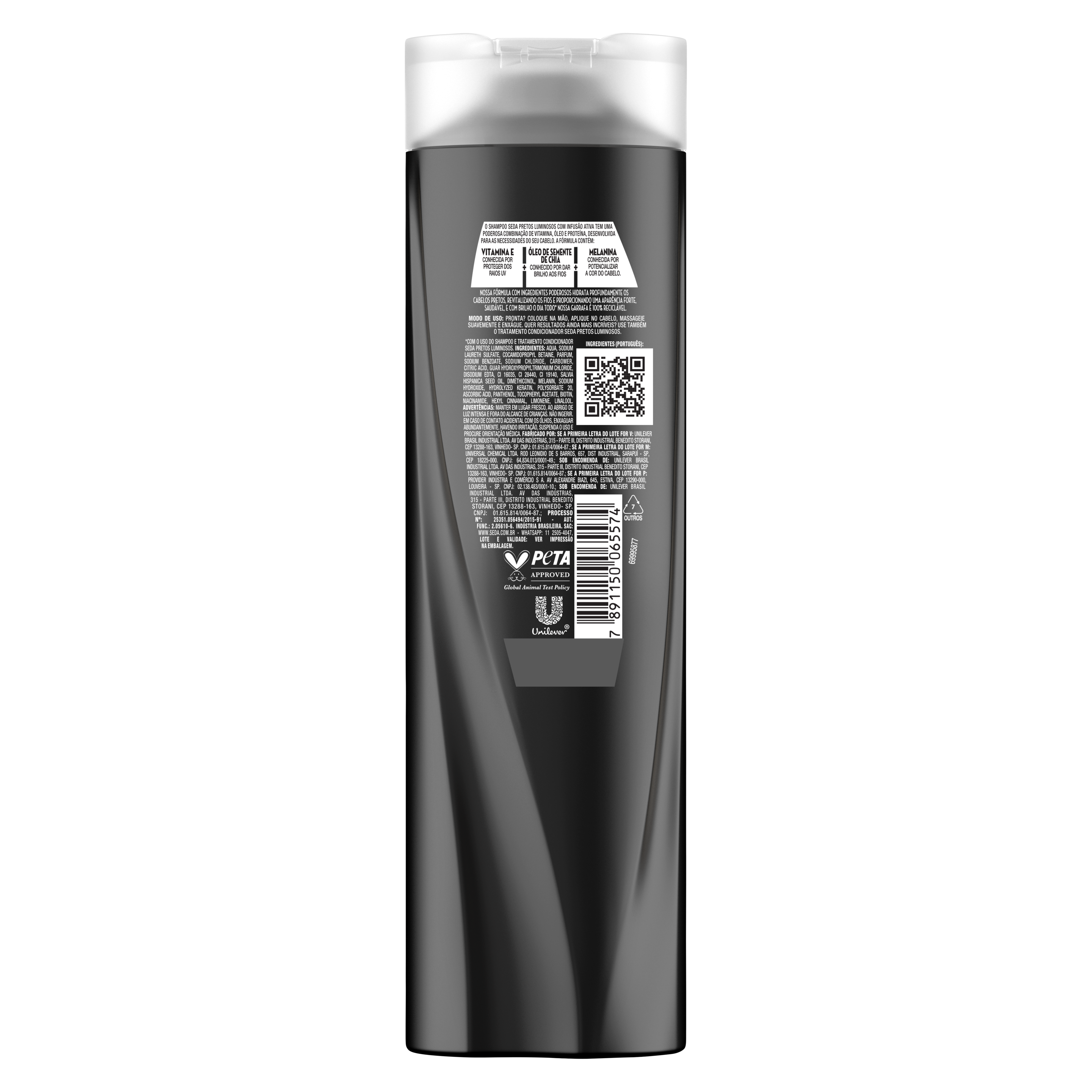 Uma imagem traseira da embalagem de Shampoo Pretos Luminosos 425ml