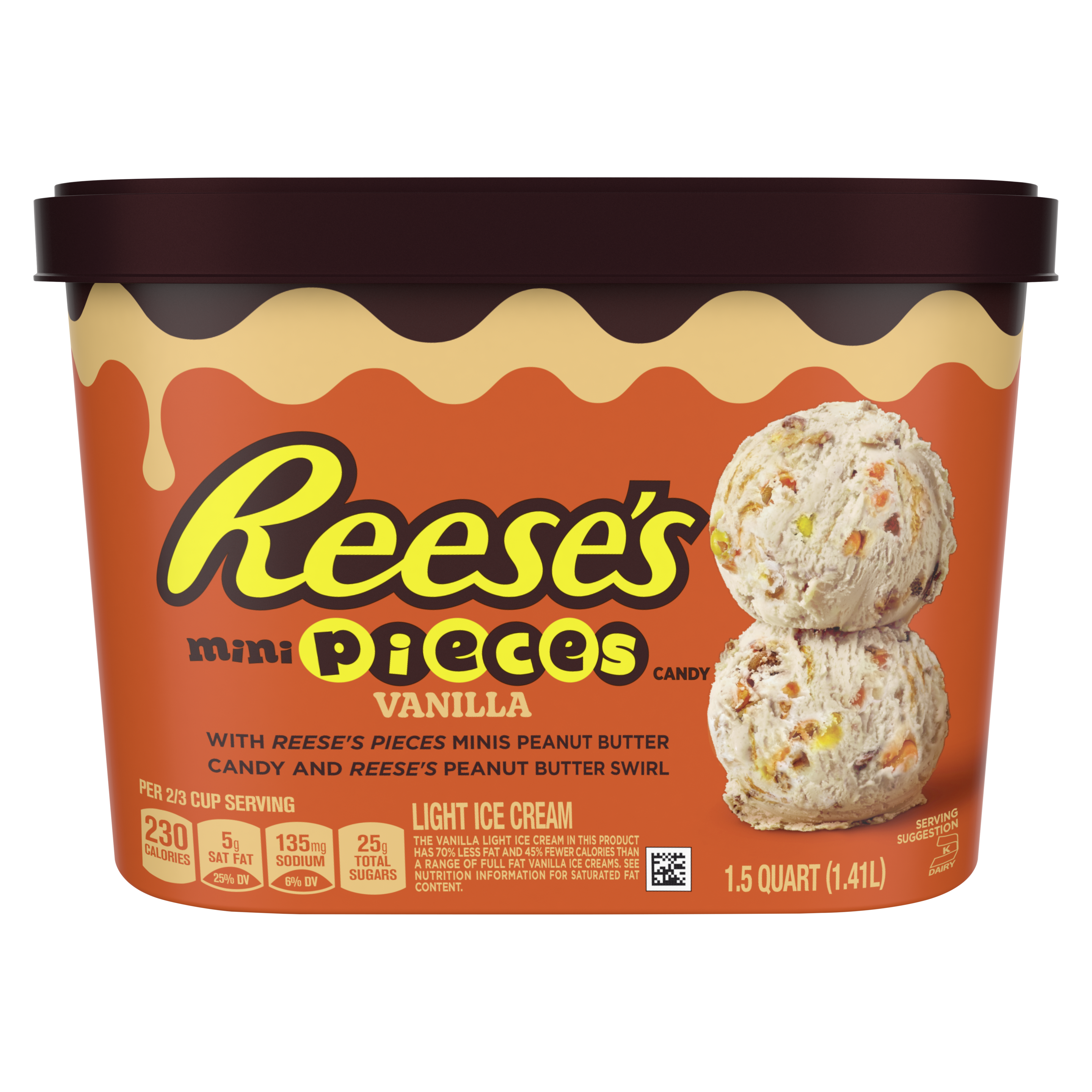 Un envase de 48 onzas de Breyers® Reese's & Reese's Pieces 2in1 en la parte frontal del paquete
