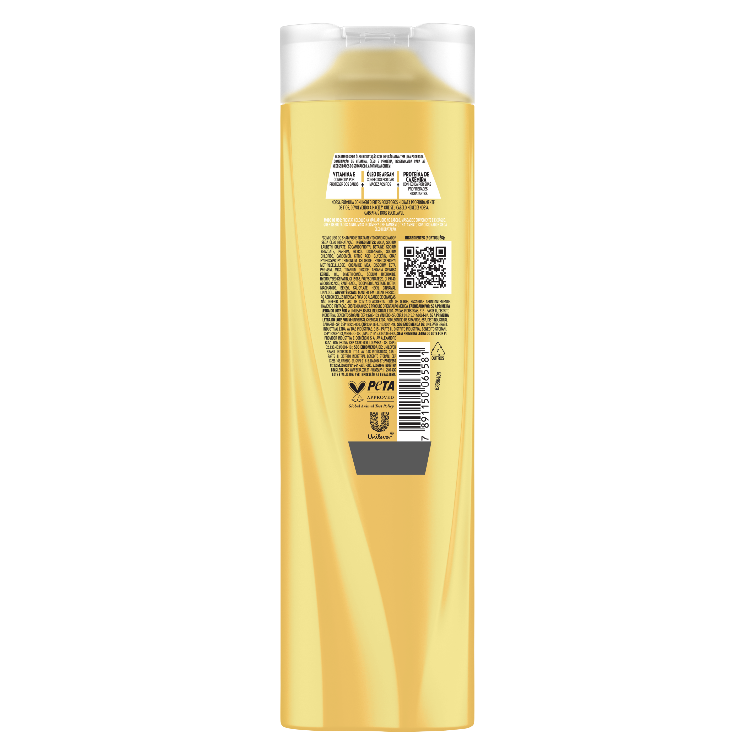 Uma imagem traseira da embalagem de  Shampoo Seda Óleo Hidratação 425ml