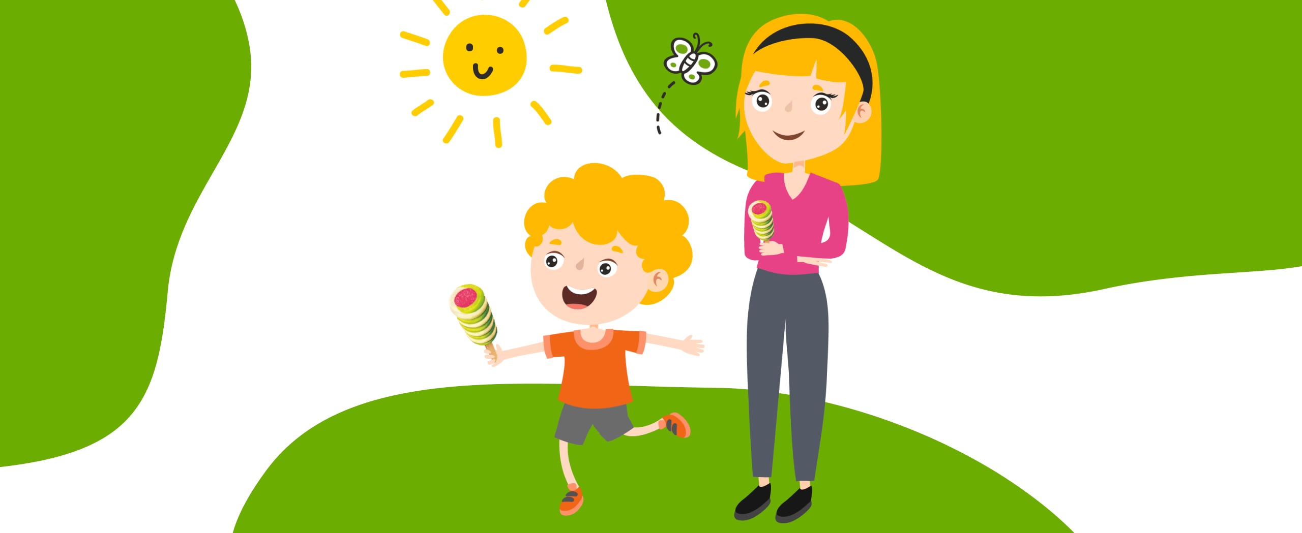 Cartoon drawing of mother with kid eating ice cream 