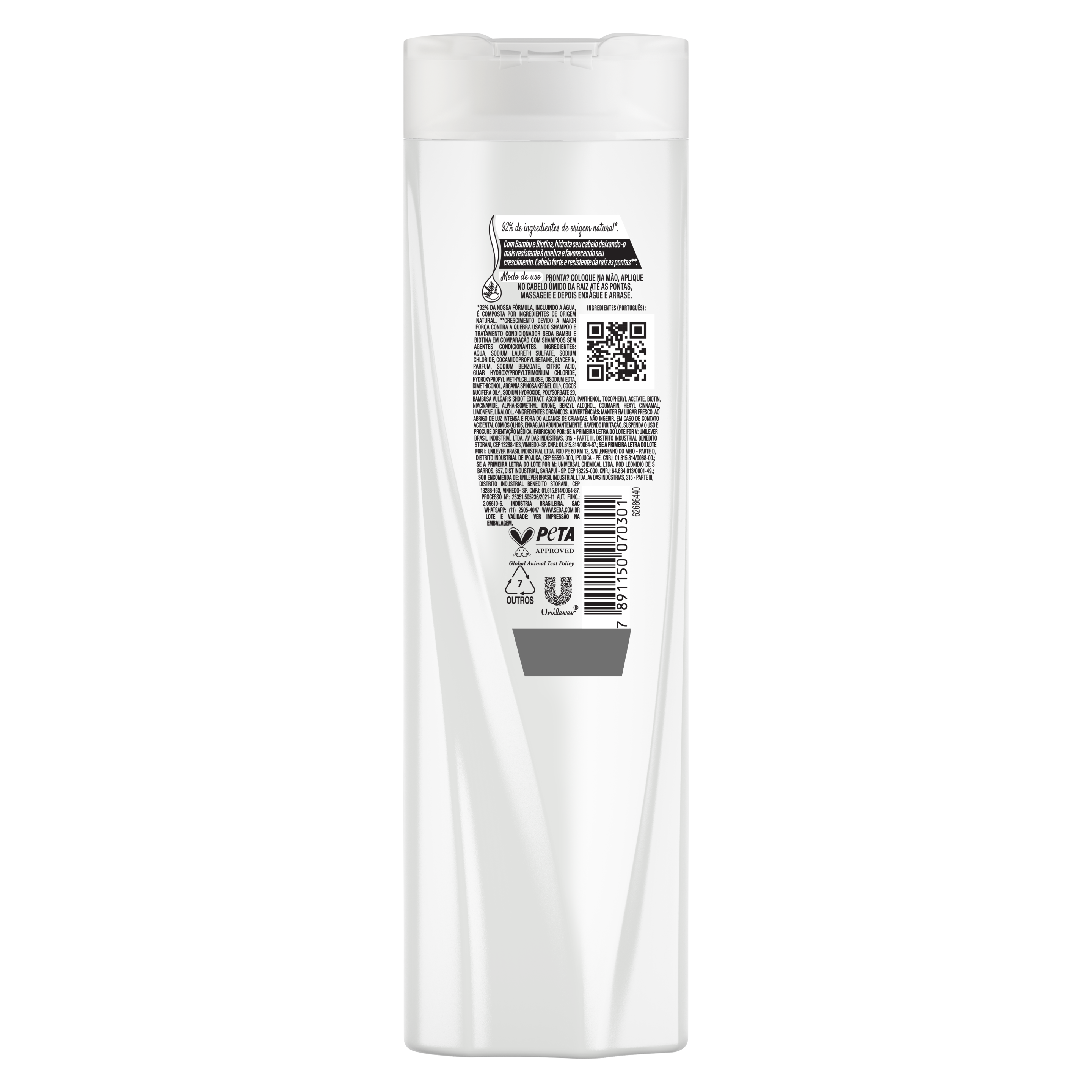 Uma imagem traseira da embalagem de Shampoo Seda Jóias da Natureza Bambu e Biotina 325ml