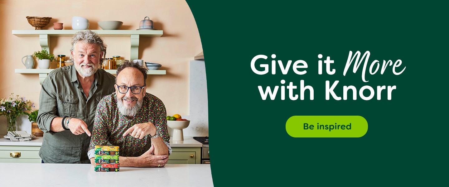 Hairy Bikers in a kitchen with plants behind them pointing at Knorr stocks pots, with the text: Give it more with Knorr