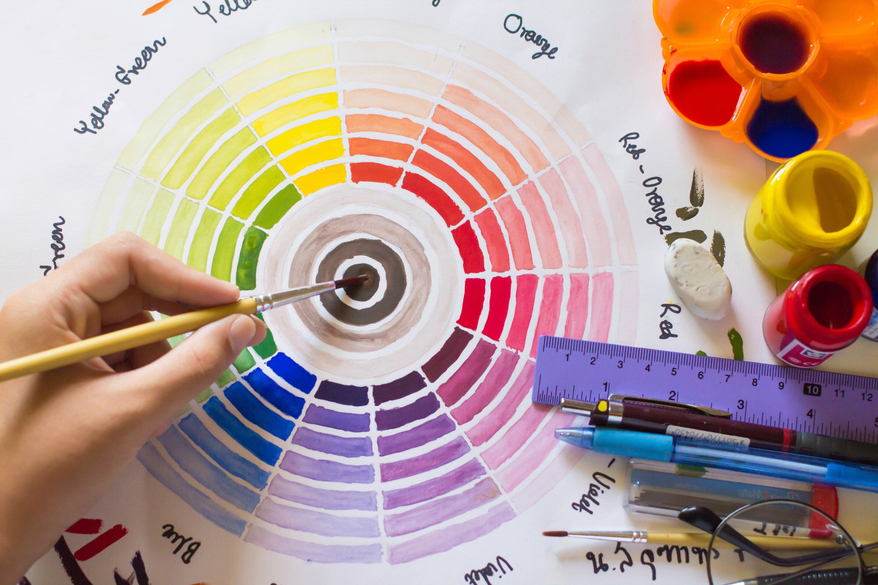A person painting the color wheel using acrylic paint. 