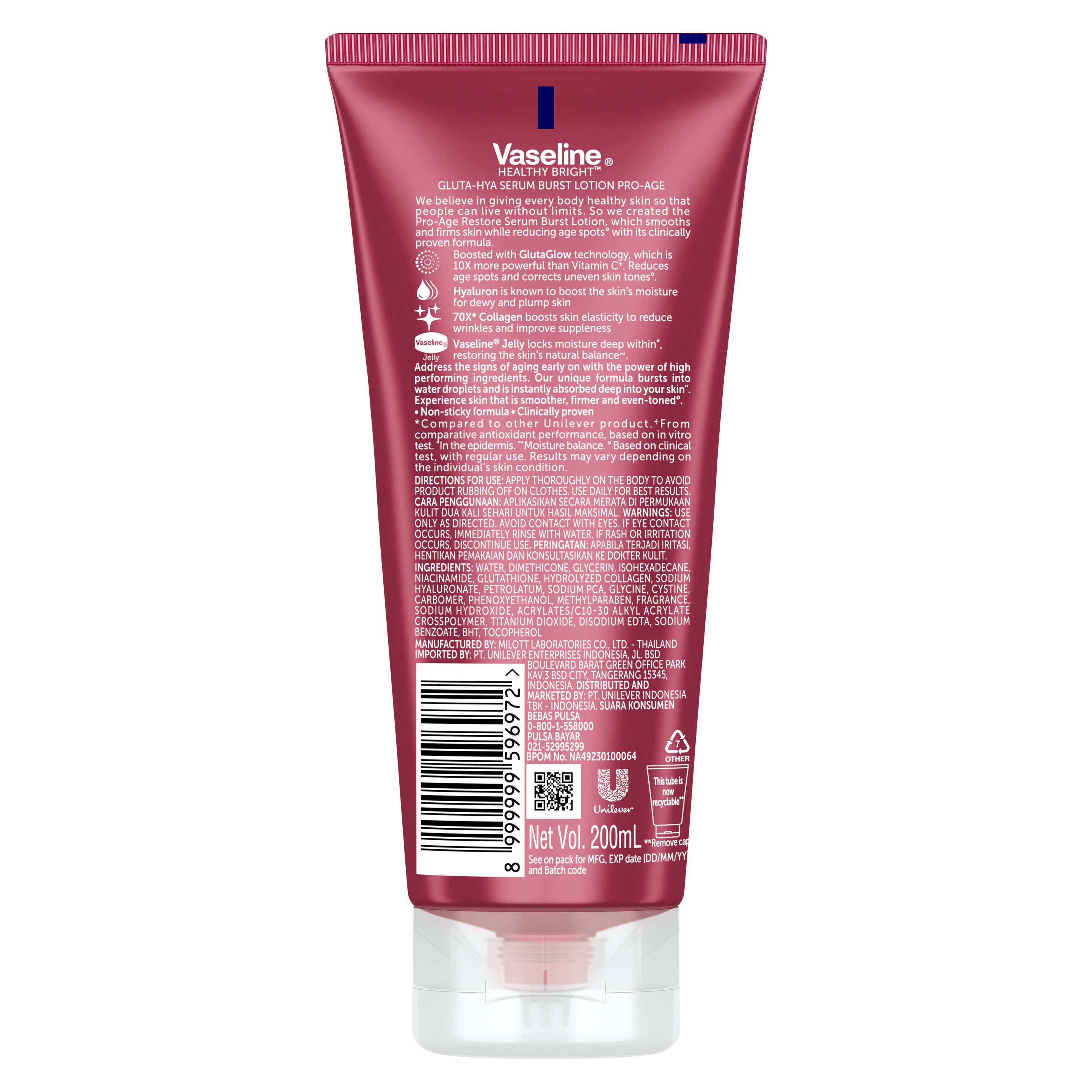 Vaseline® Gluta-Hya Serum Burst Lotion Pro Age Restore back of pack