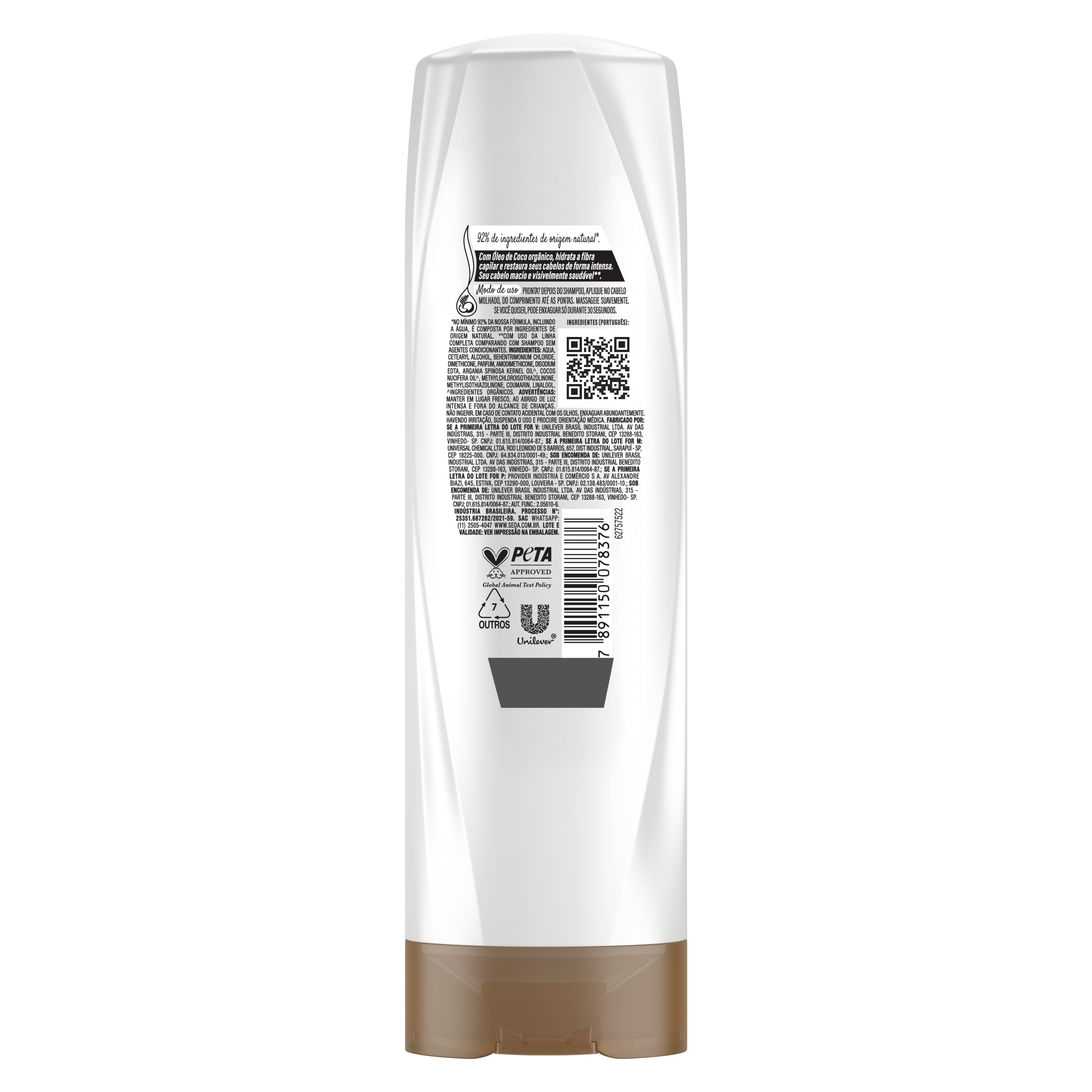Uma imagem traseira da embalagem de Condicionador Seda Jóias da Natureza Coco Restauração 325ml