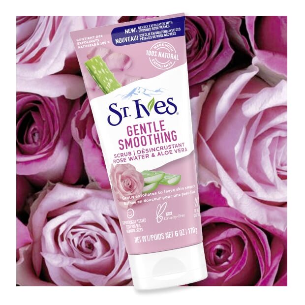 rose background with rose water face scrub front of pack