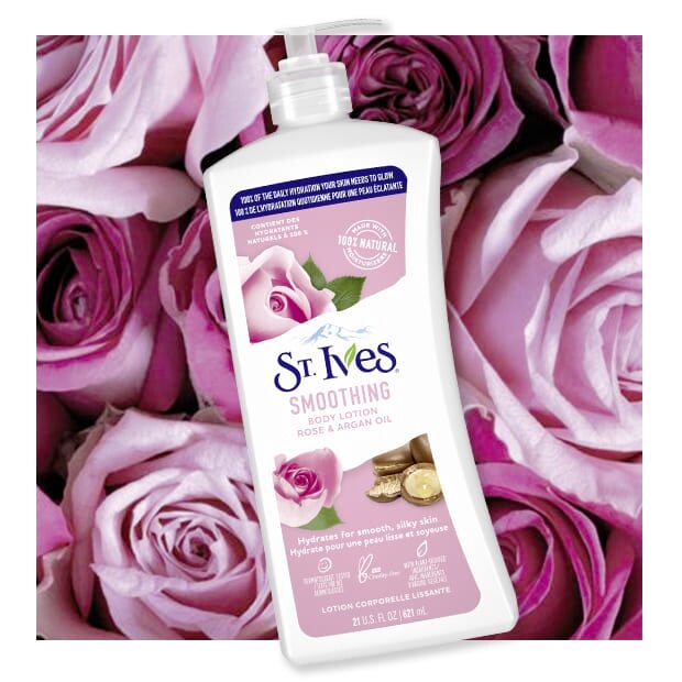 rose background with rose body lotion front of pack