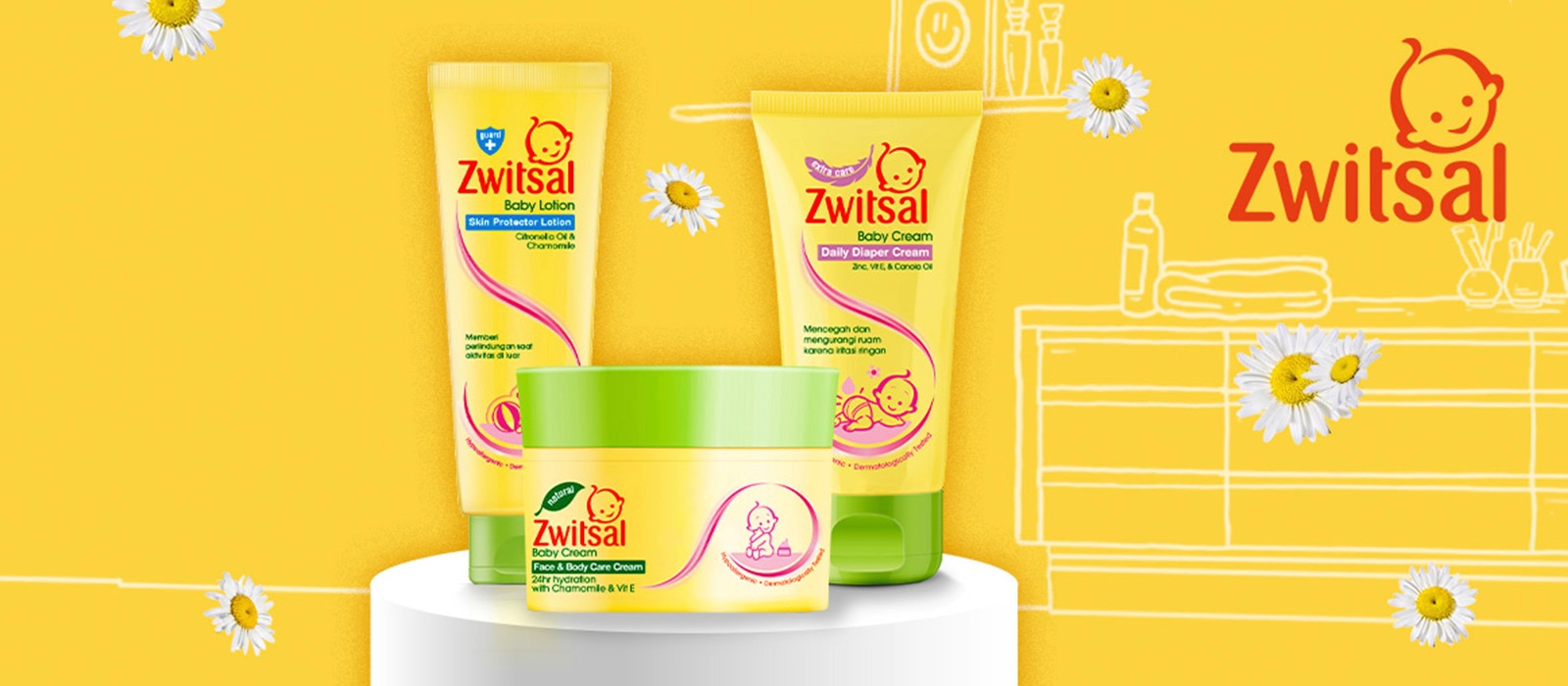 Gambar produk Zwitsal yang terdiri dari Baby Lotion, Baby Cream, dan Daily Diaper Cream