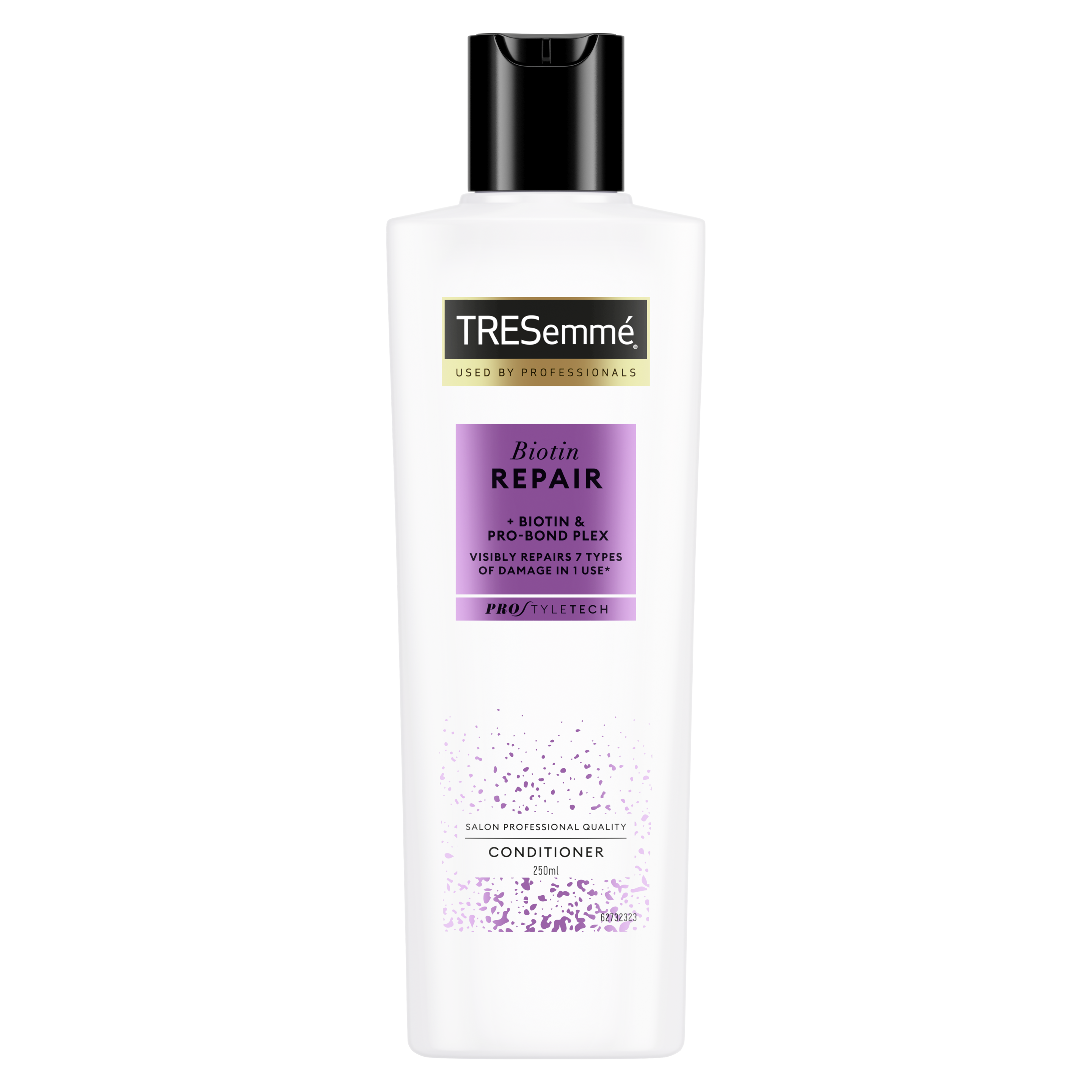 Billede på forsiden af pakken af en flaske med 250 ml TRESemmé Biotin Repair Balsam