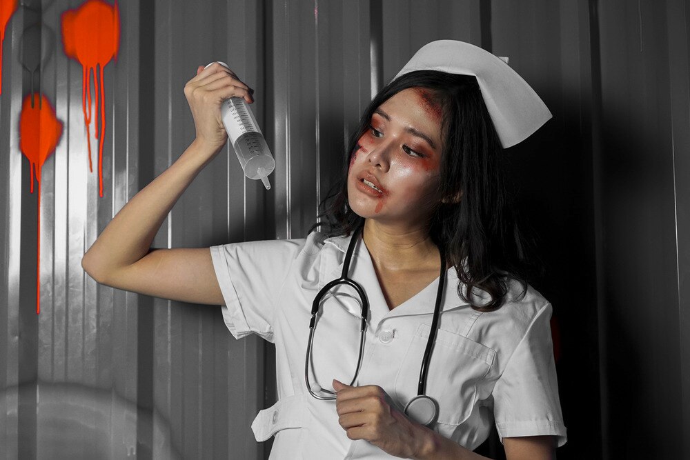 Woman dressed in a nurse costume holding a fake syringe.