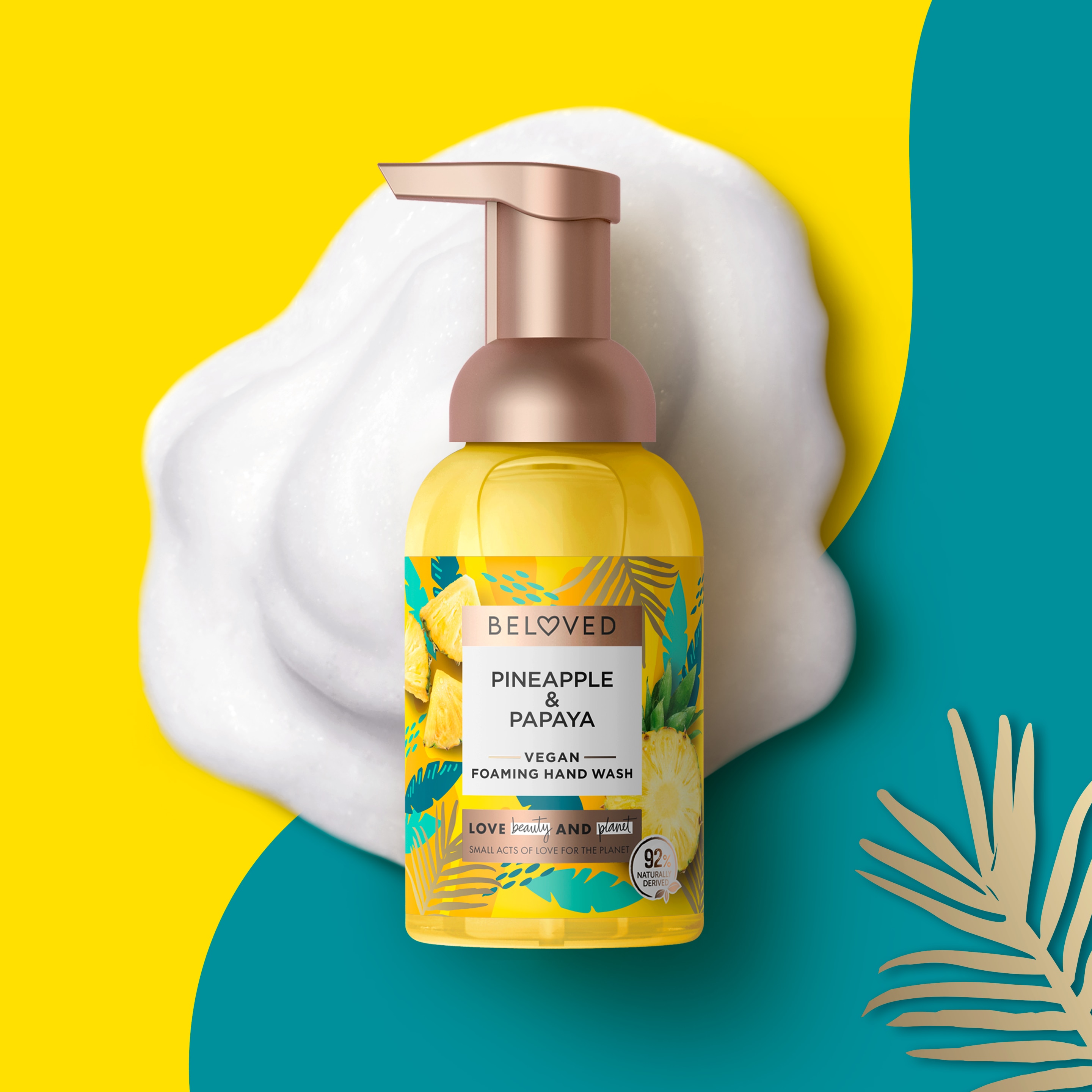 Front of Beloved Pineapple & Papaya Foaming Hand Wash on top of foam