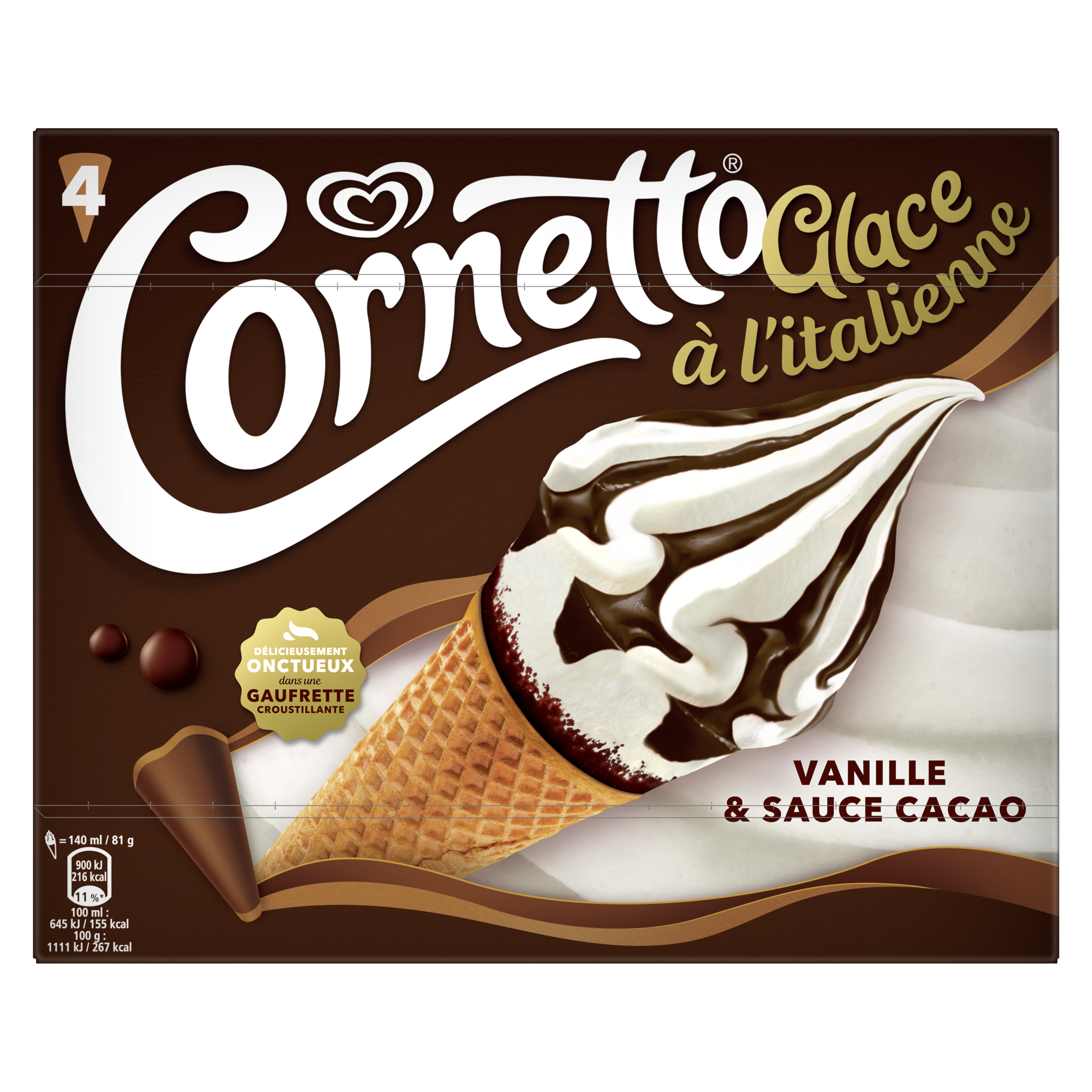 Cornetto glace à l'italienne vanille & sauce cacao x4