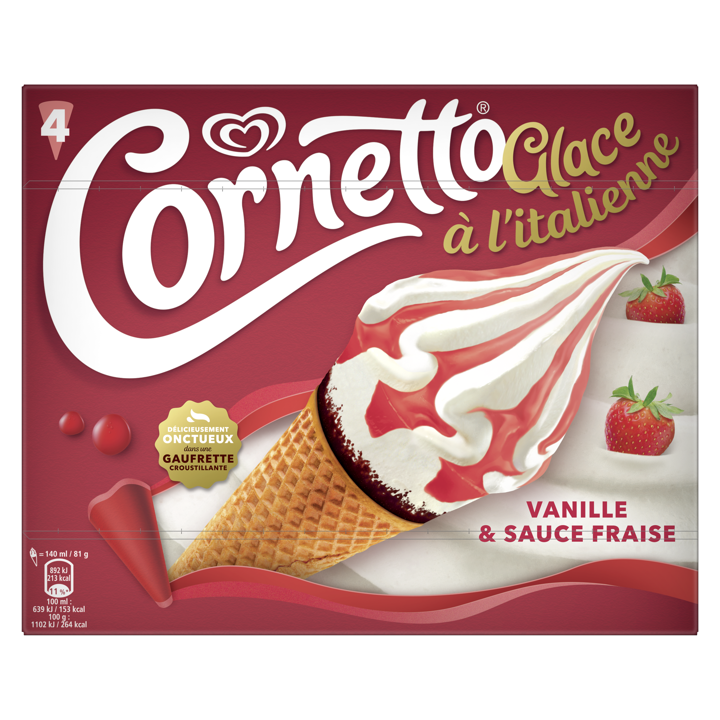 Cornetto glace à l'italienne vanille et sauce fraise x4