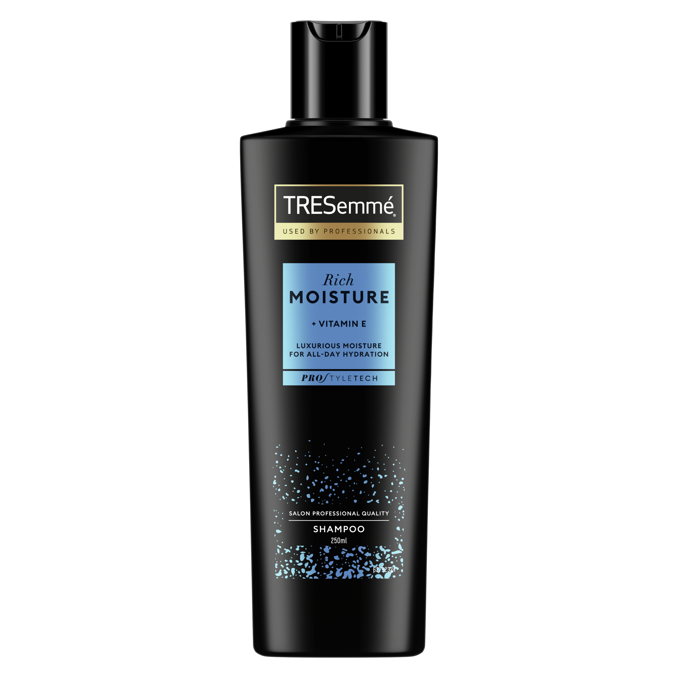 Billede på forsiden af pakken af en flaske med TRESemmé Shampoo Rich Moisture 250 ml