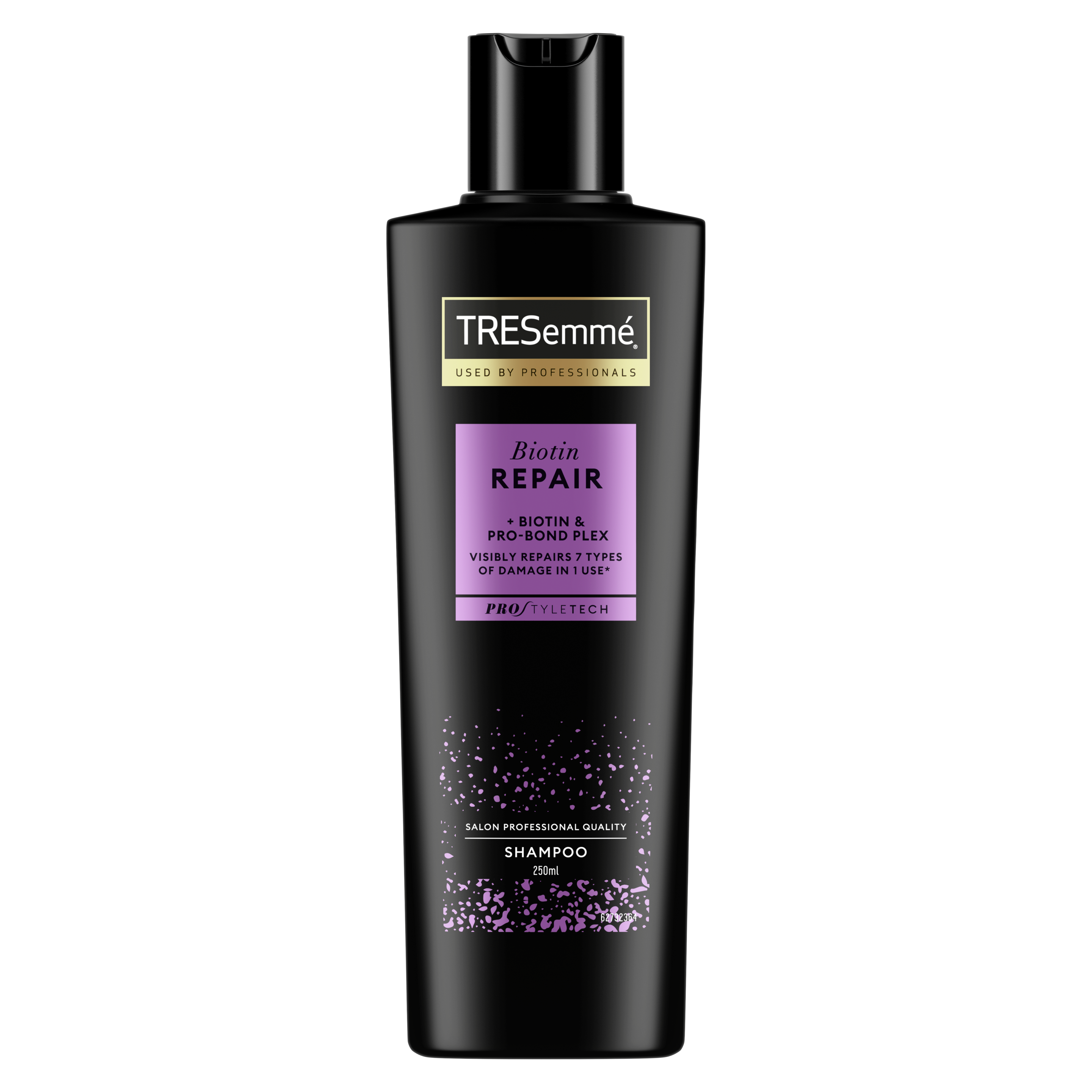 Billede på forsiden af pakken af en flaske med TRESemmé Biotin Repair Shampoo 250 ml