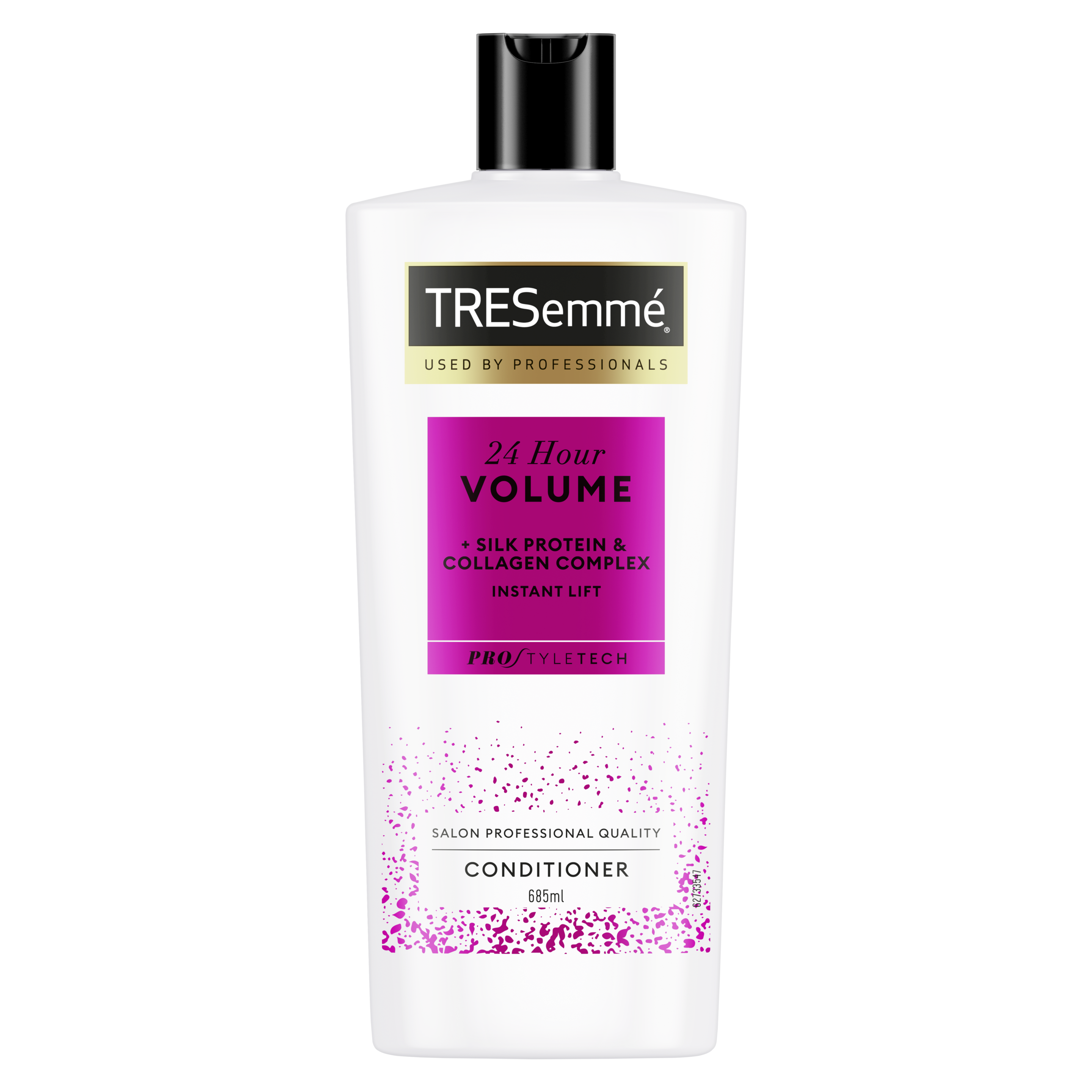 Billede på forsiden af pakken af en flaske med TRESemmé 24H Volume Balsam 685 ml