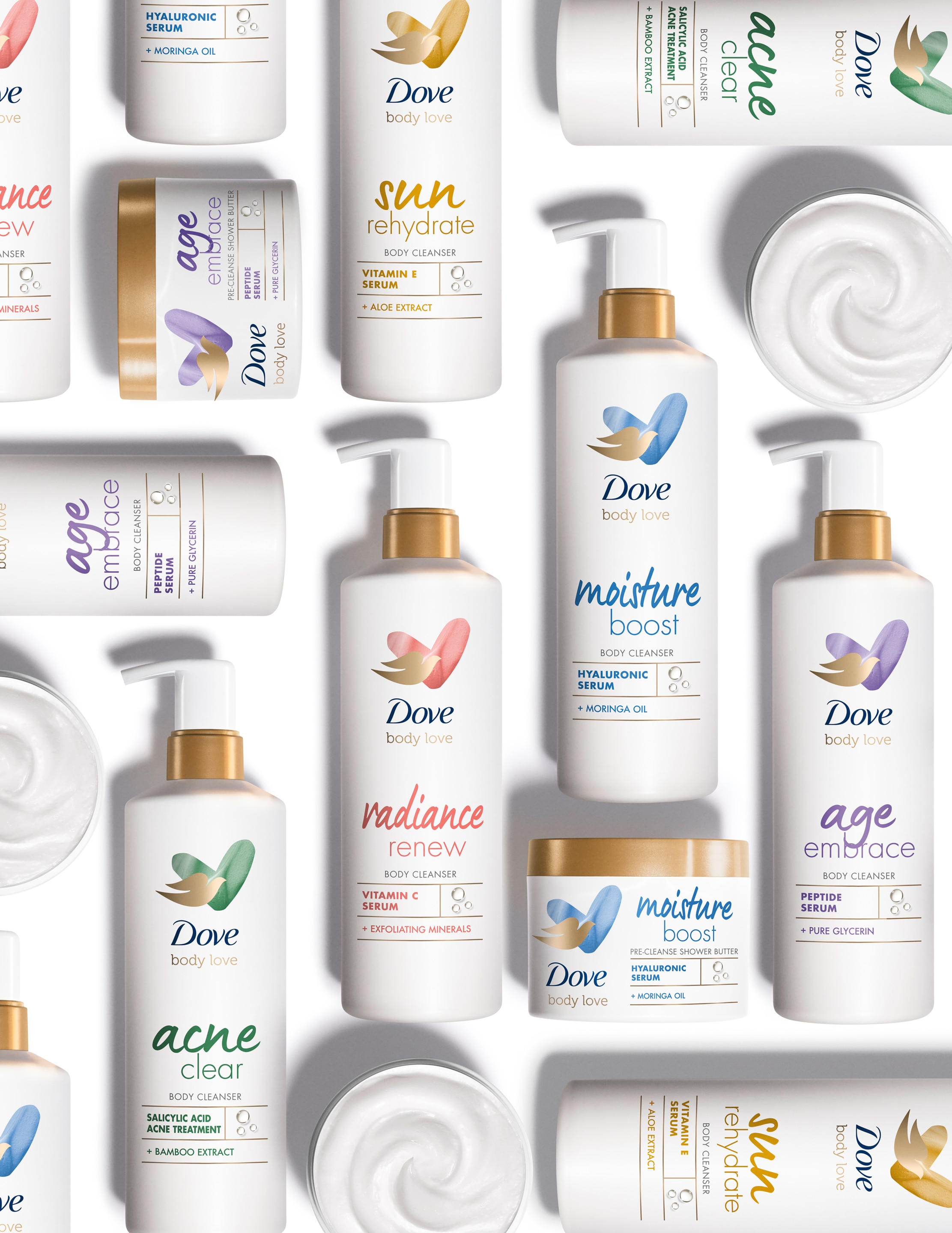 Flat lay of Dove Body Love bottles