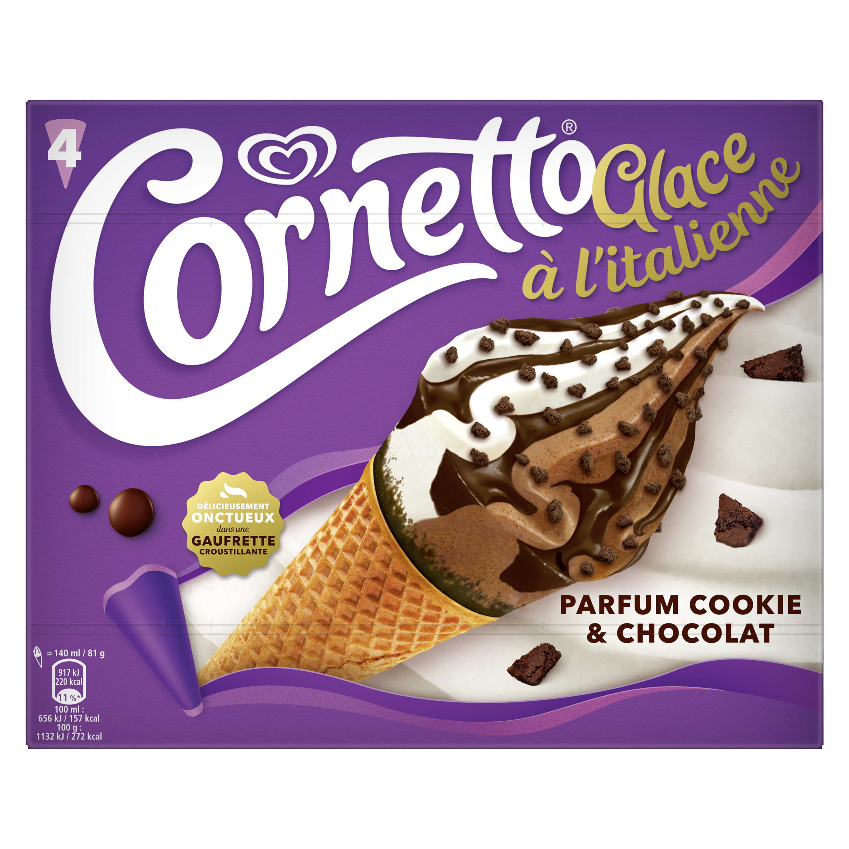 Cornetto glace à l'italienne parfum cookie & chocolat x4