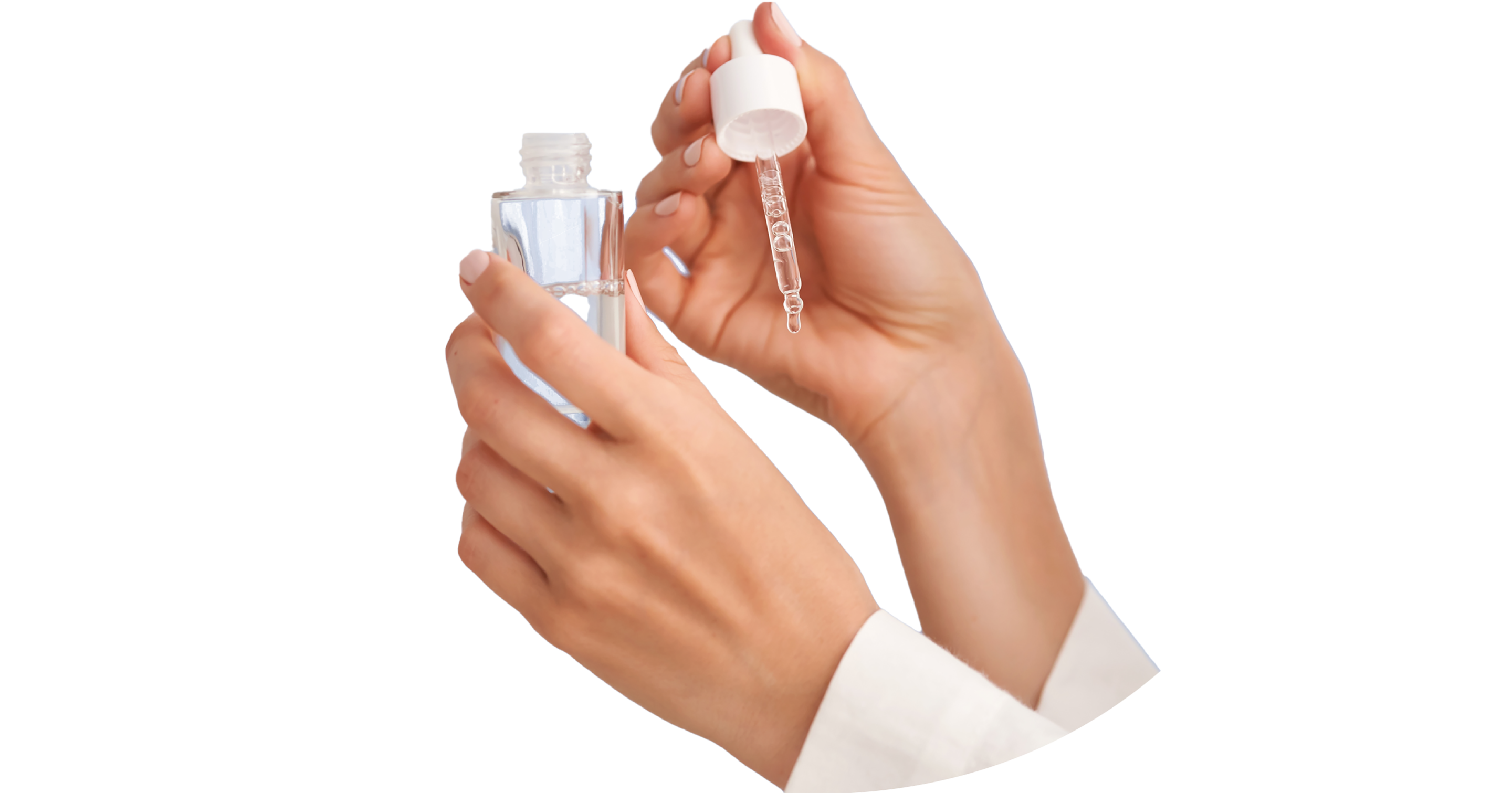 Hands holding a bottle and pipette
