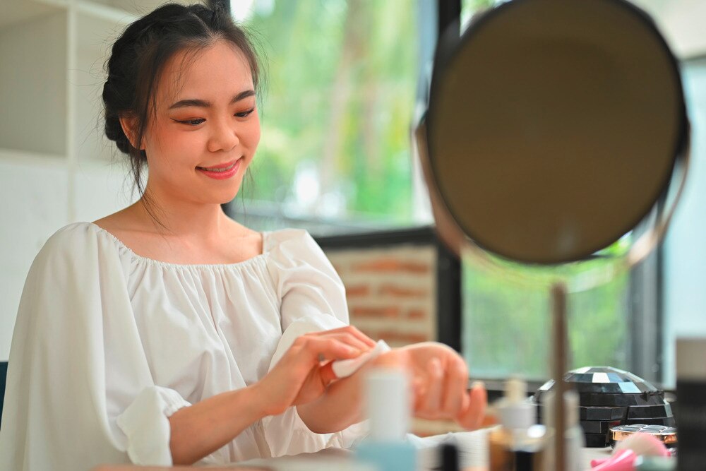 Woman trying on beauty products at home.