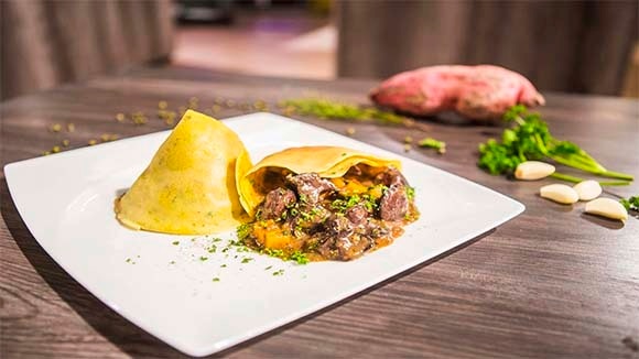 Rosemary Crepe with Chicken Liver, Mango Chutney and Sweet Potato Stuffing image