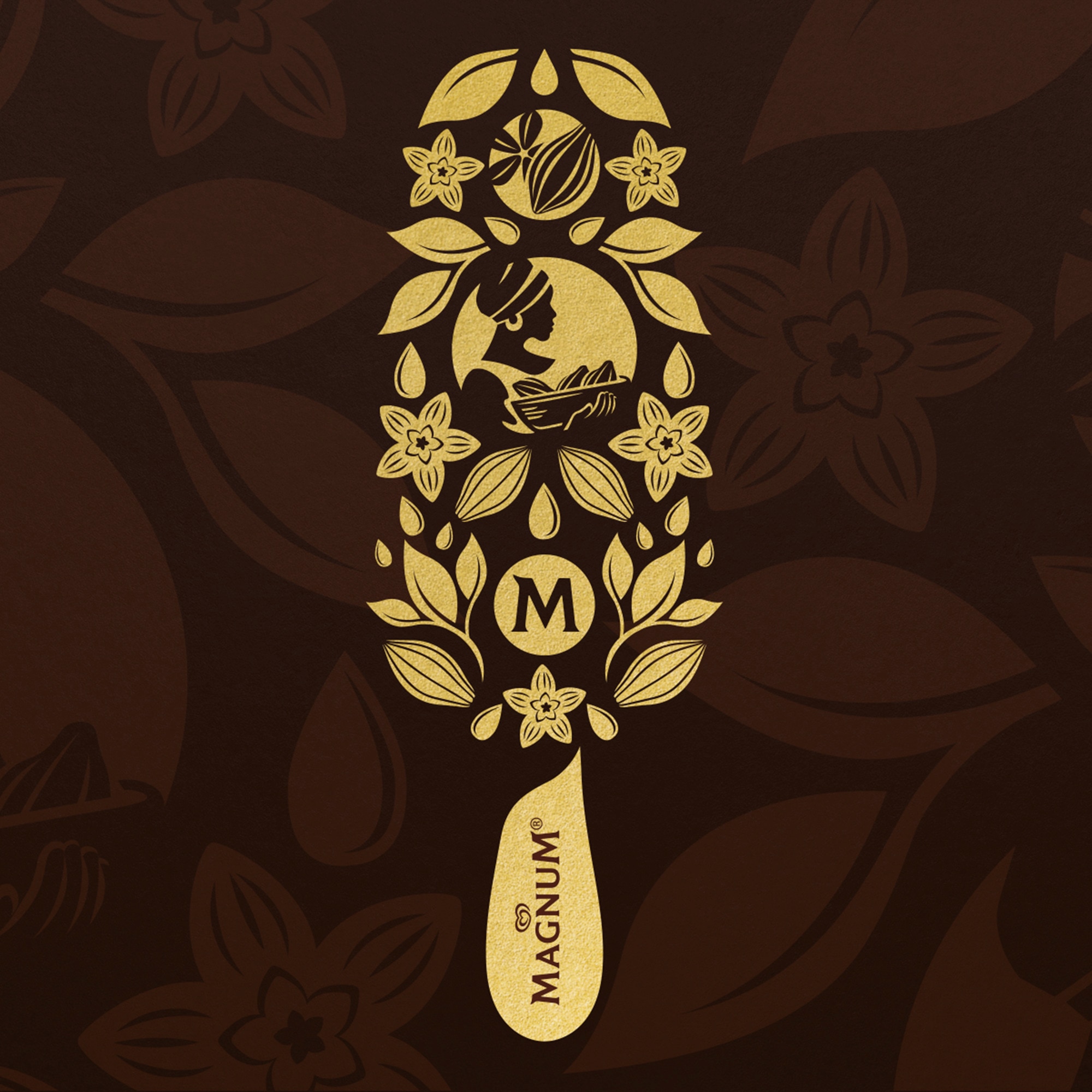 Golden magnum ice cream illustration on brown background made with vanilla flowers, cocoa pods, leaves and african woman with headscarf carrying a wicker basket with cocoa pods