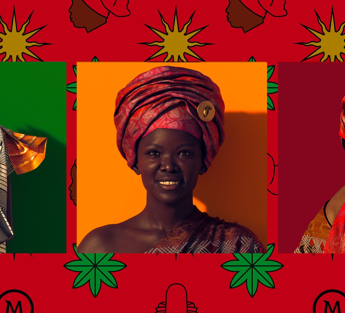 Gesicht von AWA by Magnum, das eine westafrikanische Frau mit Kopftuch darstellt, überlagert von einem Bild mit dem Profil einer Frau mit rotem Kopftuch, Sonne, Eis, M-Stempel und Blättern.
