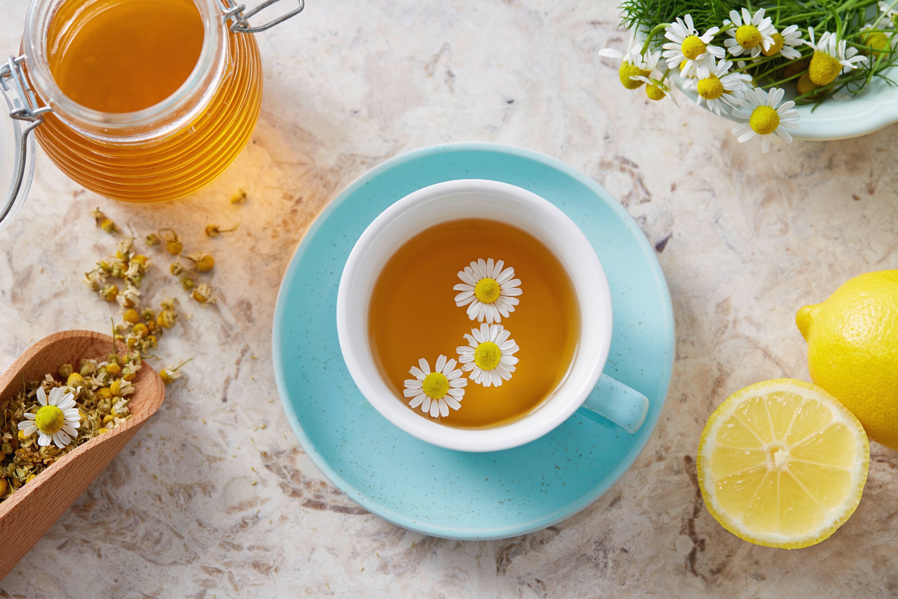 Chamomile tea as one of the must-have drinks at a spa