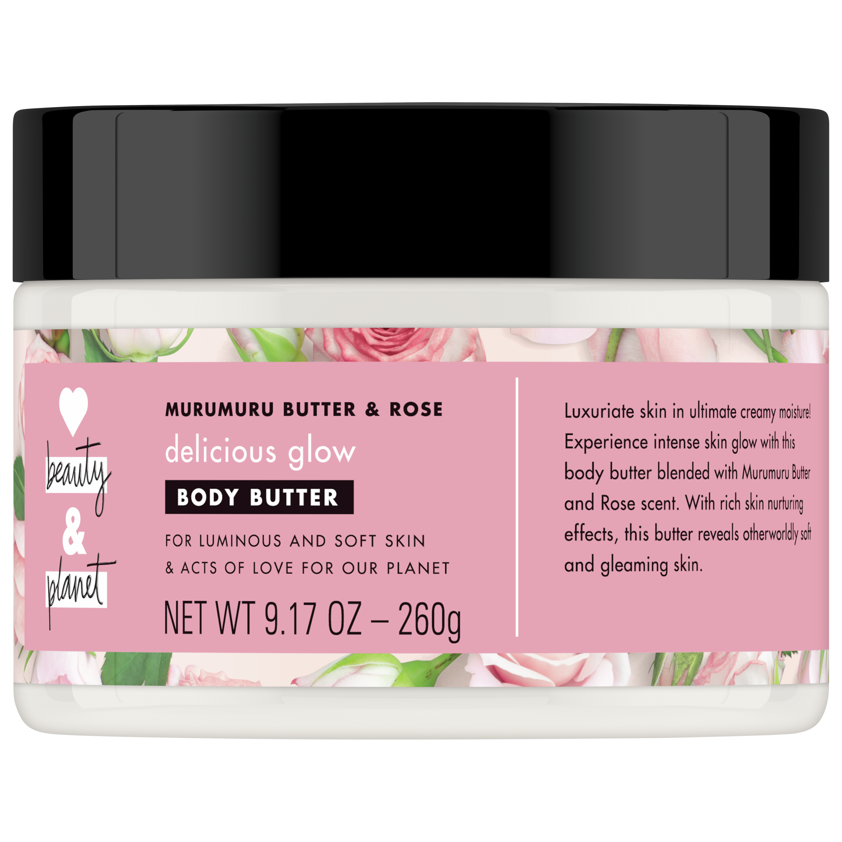 Front of body butter pack Love Beauty Planet Murumuru Butter & Rose Body Butter Delicious Glow 9.17oz