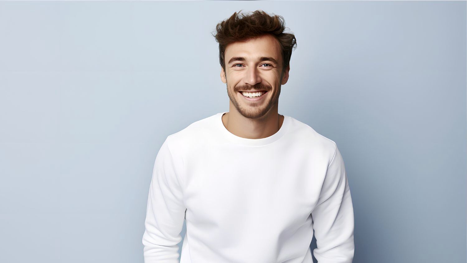 Man in white sweater with blue background