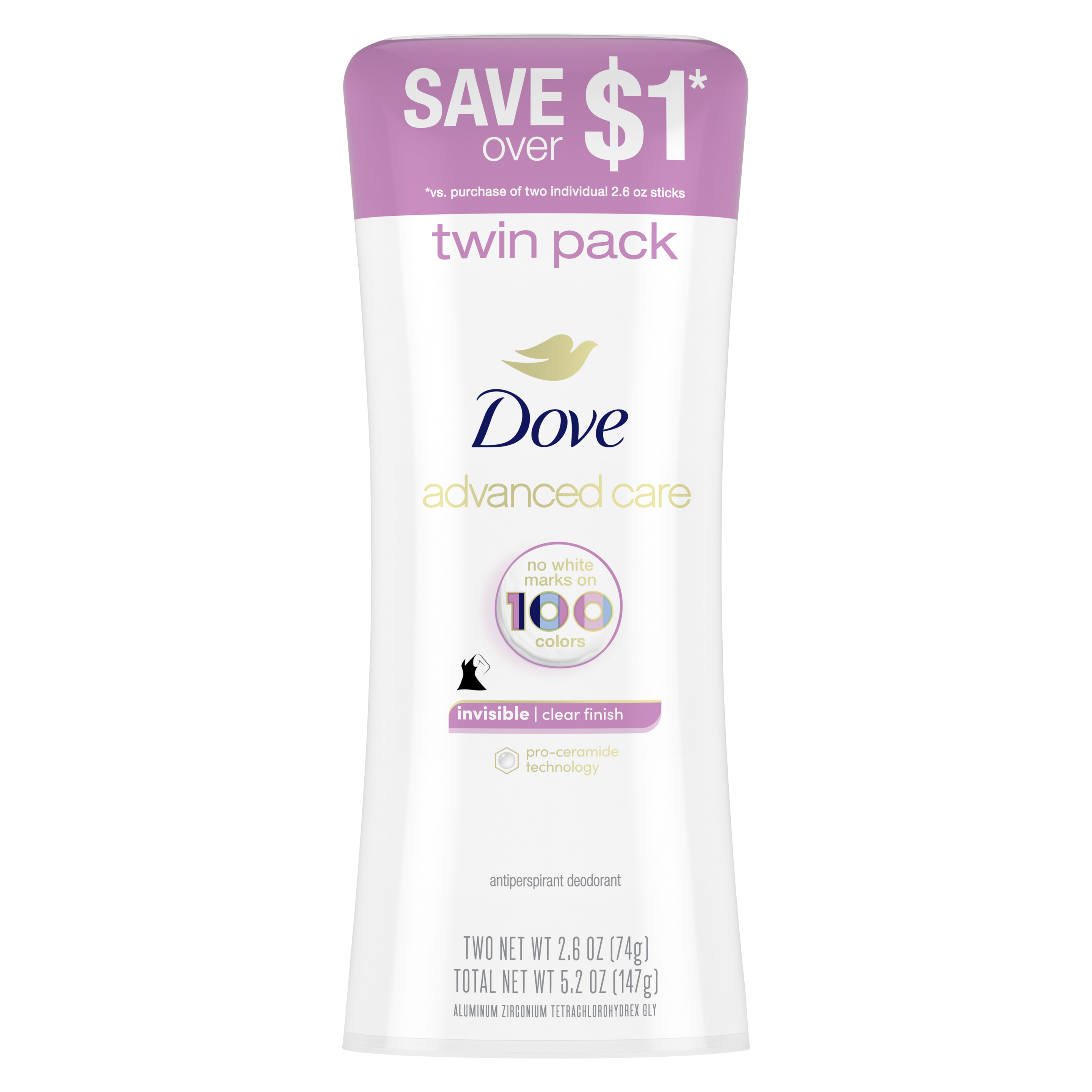 Dove Advanced Care Invisible Antiperspirant Deodorant Clear Finish Twin Pack 2.6oz