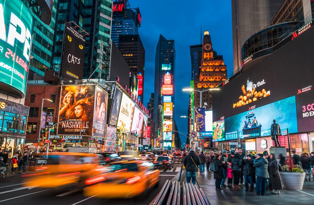 Nighttime photo of Times Square.