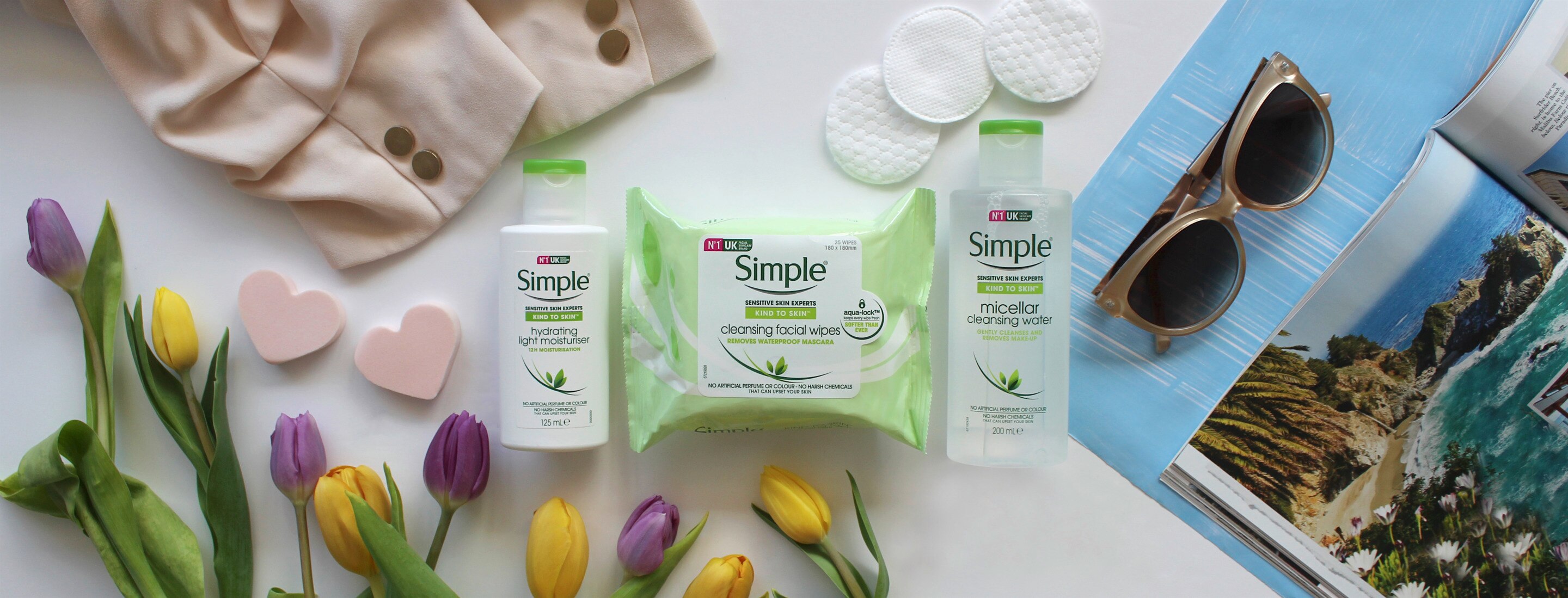 Styled shot of micellar cleansing water and hydrating gel wash.
