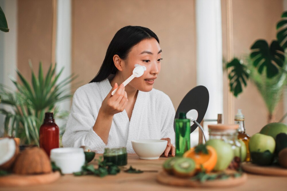 Asian woman applying homemade mask on her face.