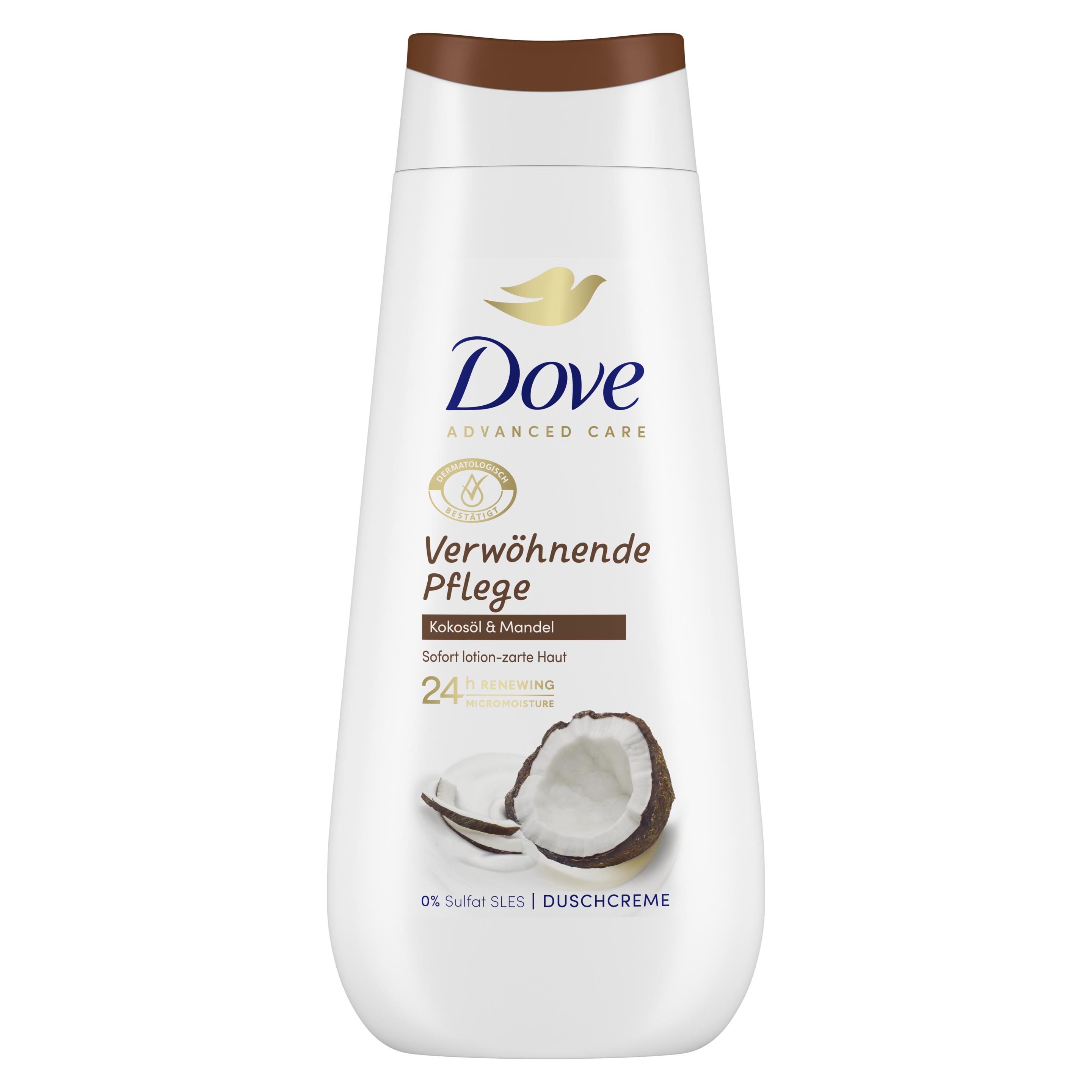 Dove Advanced Care Duschcreme kokosöl und Mandel 225ml in einem weißen Design packshot