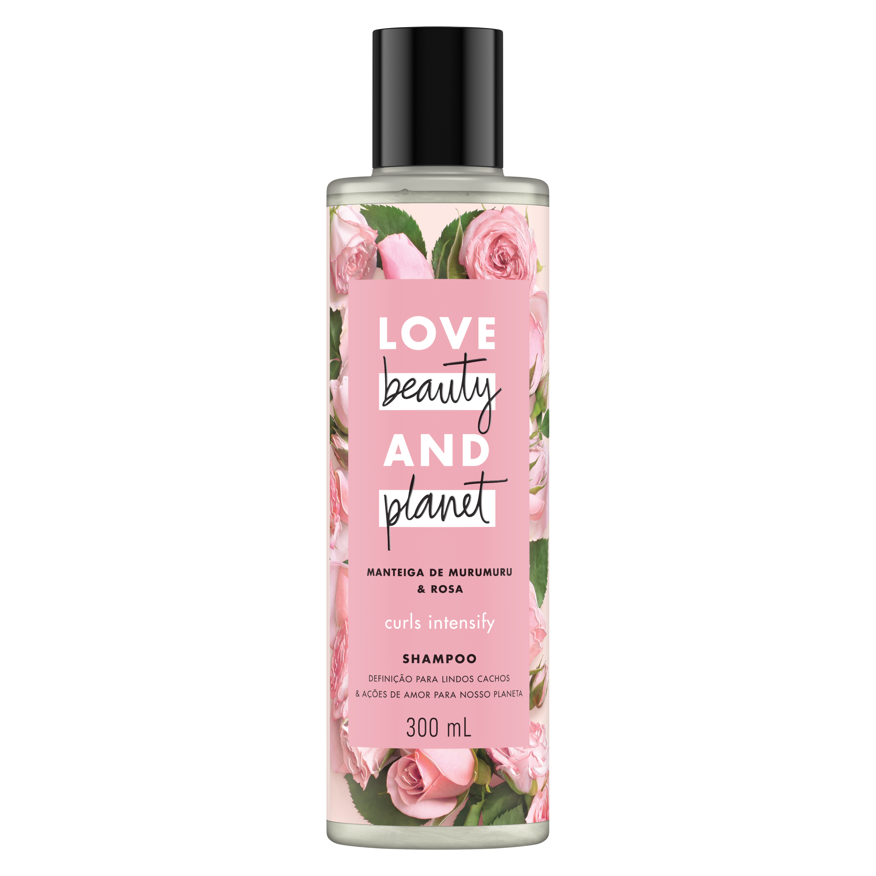 Frente da embalagem do shampoo Love Beauty and Planet manteiga de murumuru & rosa 300 ml