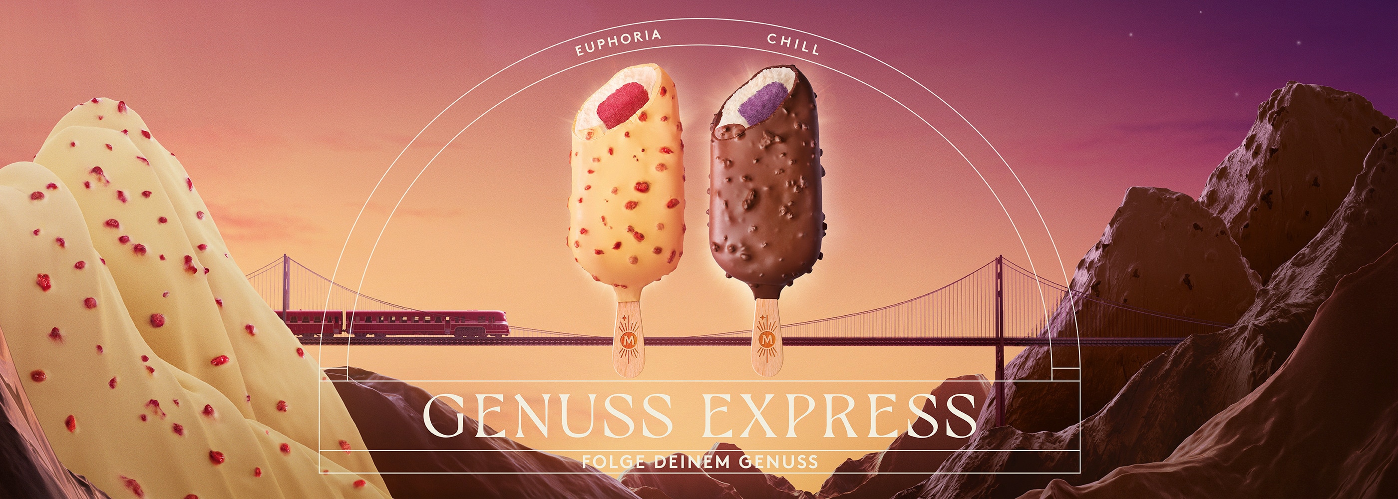 Die neuen Produkte Magnum Euphoria und Chill auf einer Landschaft aus Schokolade, Sorbet und Eis. Text: Genuss Express; Folge deinem Genuss