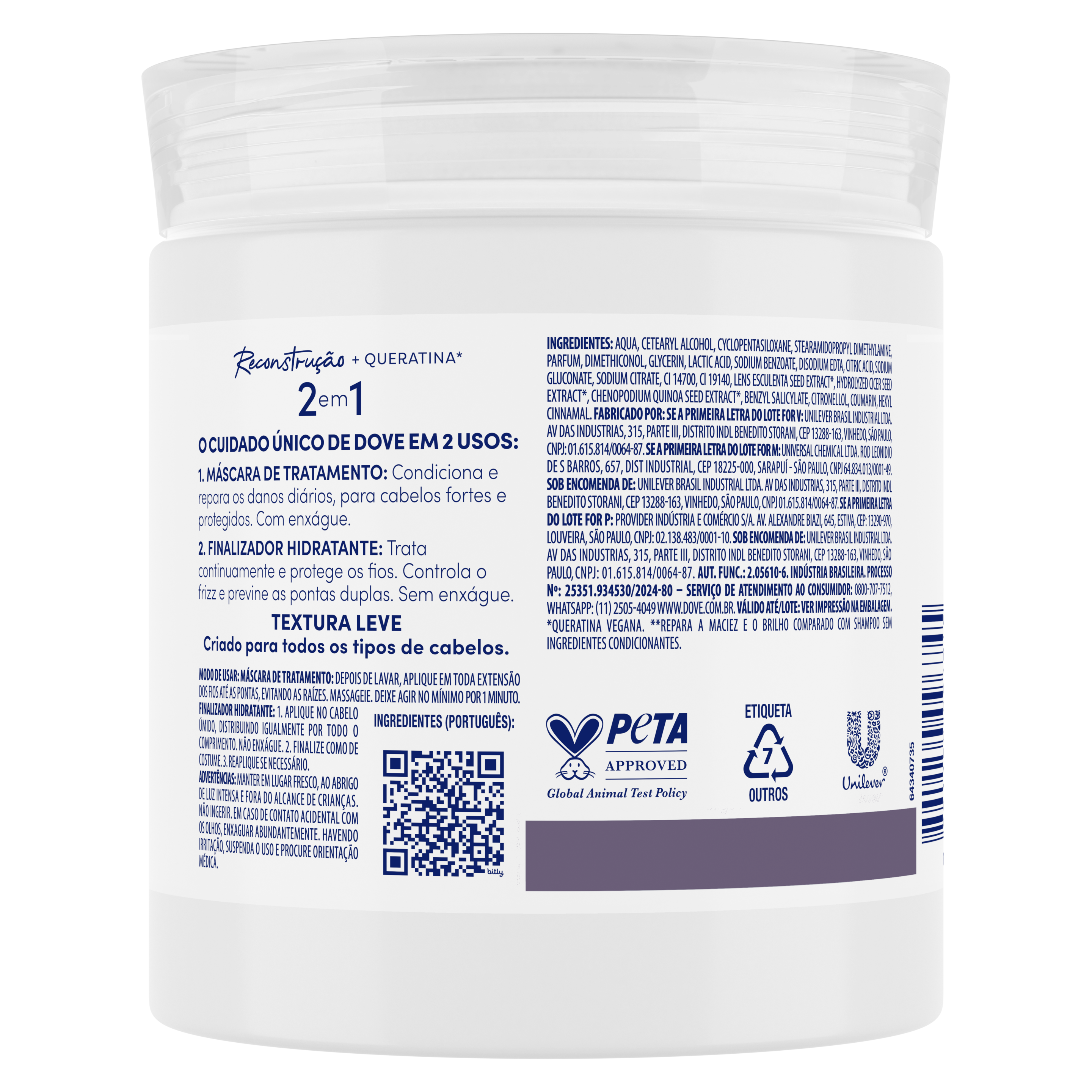 Máscara de Tratamento + Finalizador DOVE 2 em 1 Reconstrução + Queratina 500g