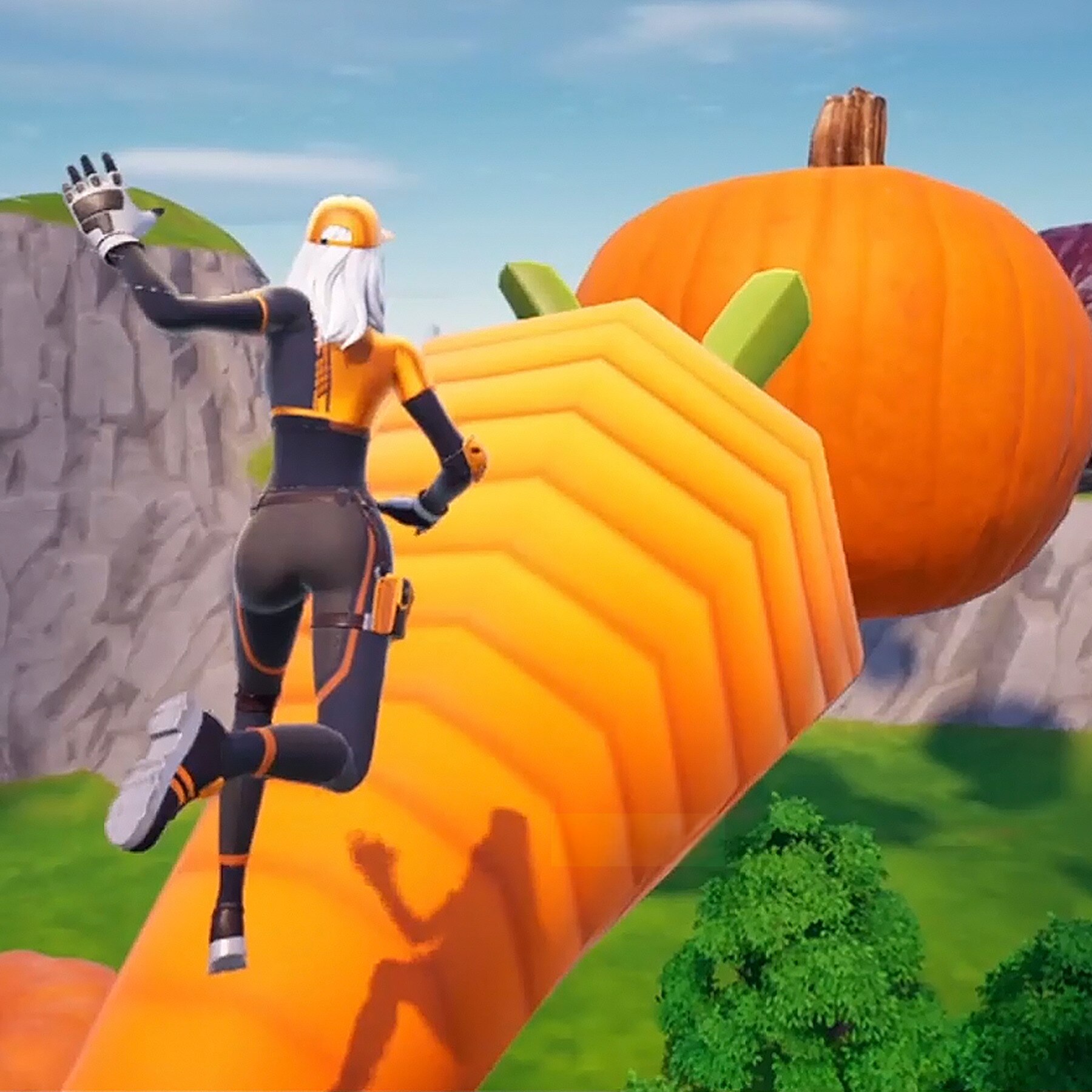 Gaming character in Fortnite with giant vegetables such as carrot