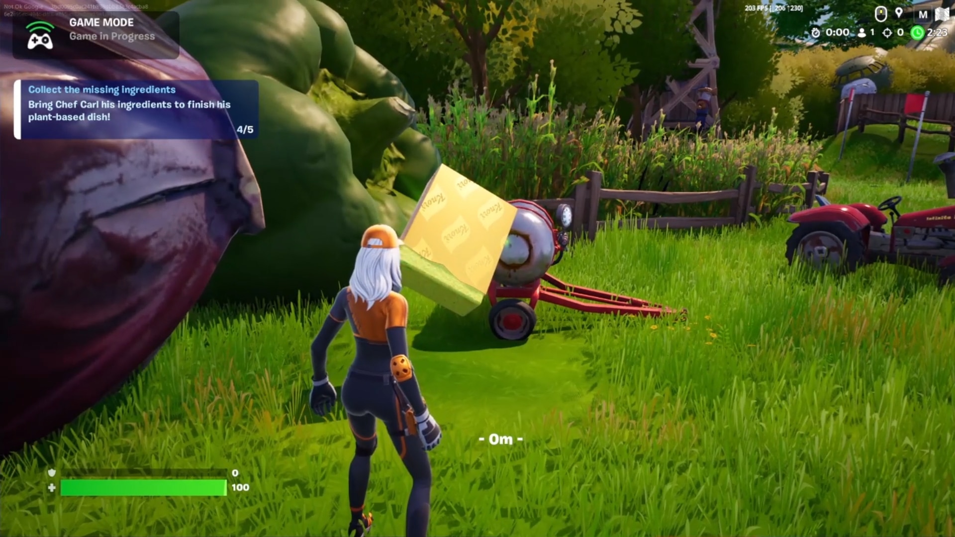 Gaming character in situ in Fortnite game with giant oversized vegetables