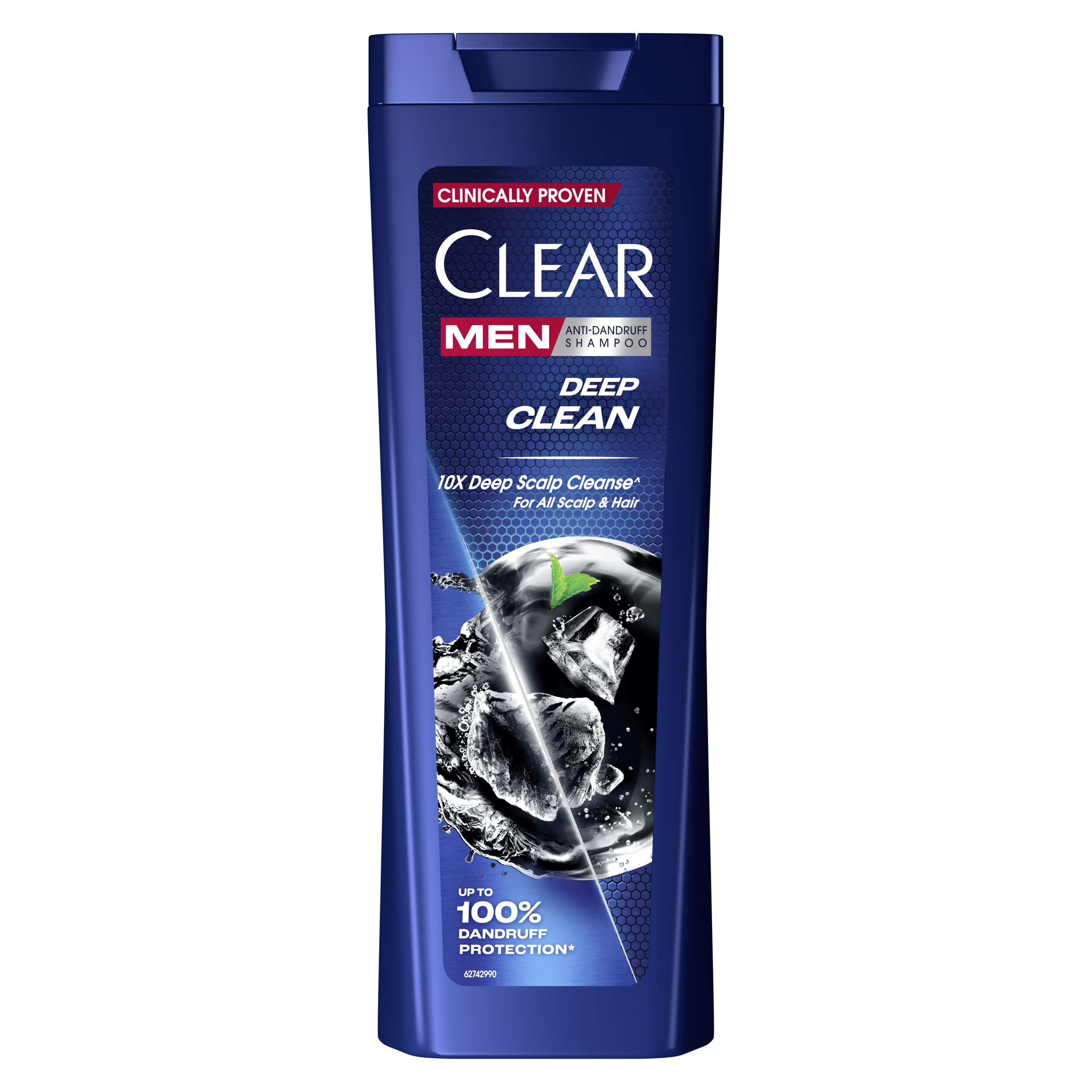 Front of shampoo pack ШАМПУНЬ ТА БАЛЬЗАМ-ОПОЛІСКУВАЧ CLEAR  ПРОТИ ЛУПИ ГЛИБОКЕ ОЧИЩЕННЯ ДЛЯ ЧОЛОВІКІВ З АКТИВОВАНИМ ВУГІЛЛЯМ І М'ЯТОЮ 250 мл