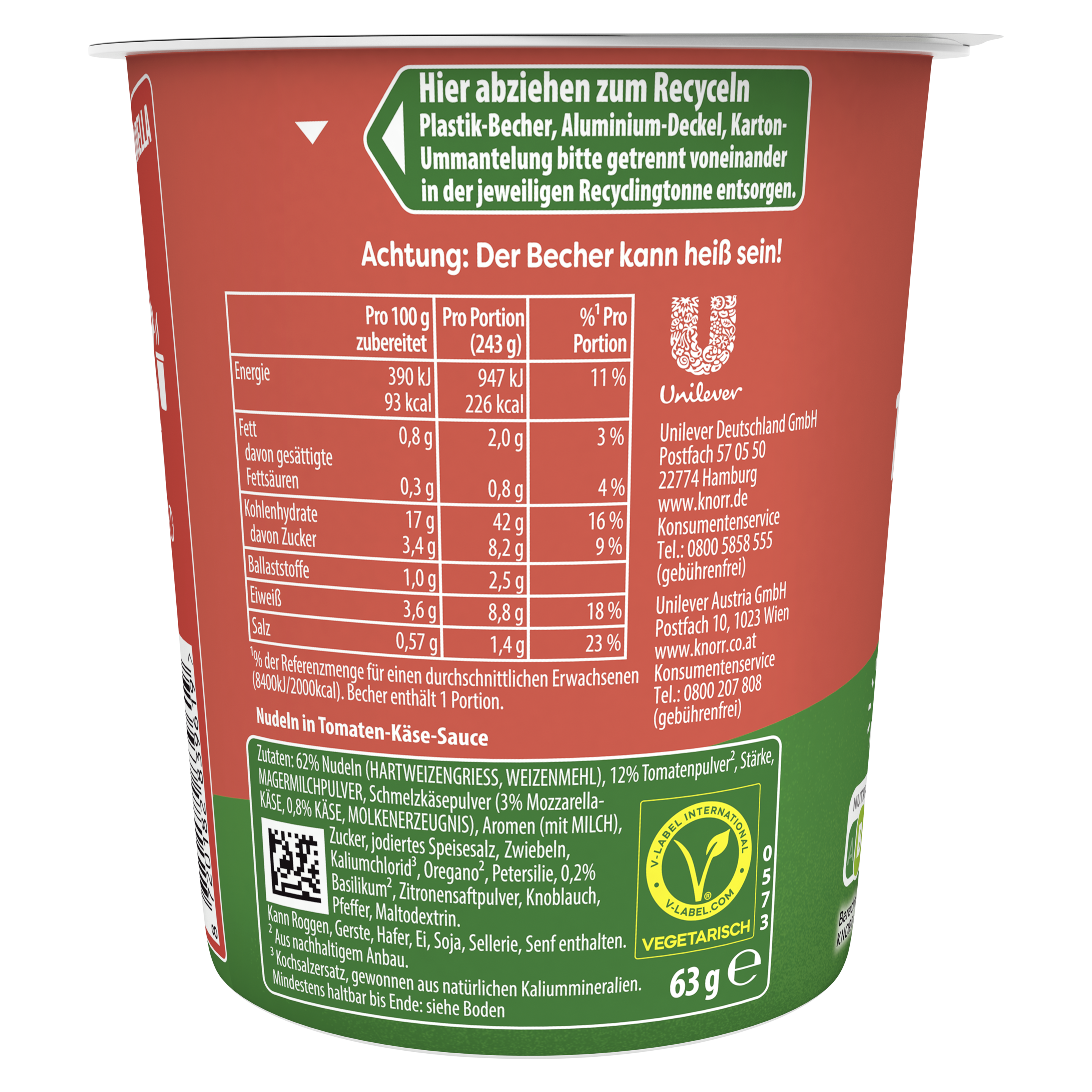 Knorr Pasta Snack Pot Tomato & Mozarella 8 x 63g Becher, 1 Portion